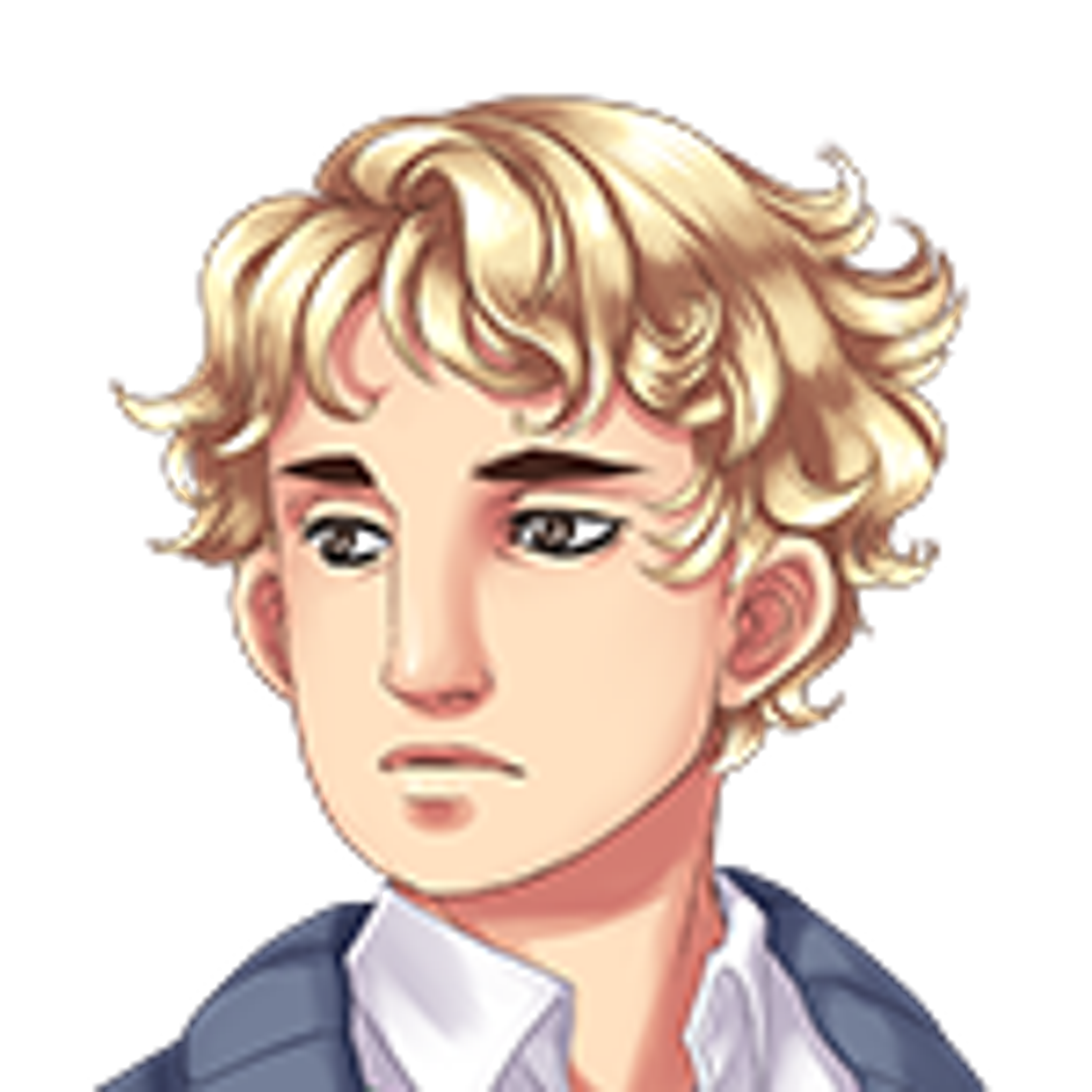 A young man with curly blonde hair and a serious expression, wearing a white collared shirt.