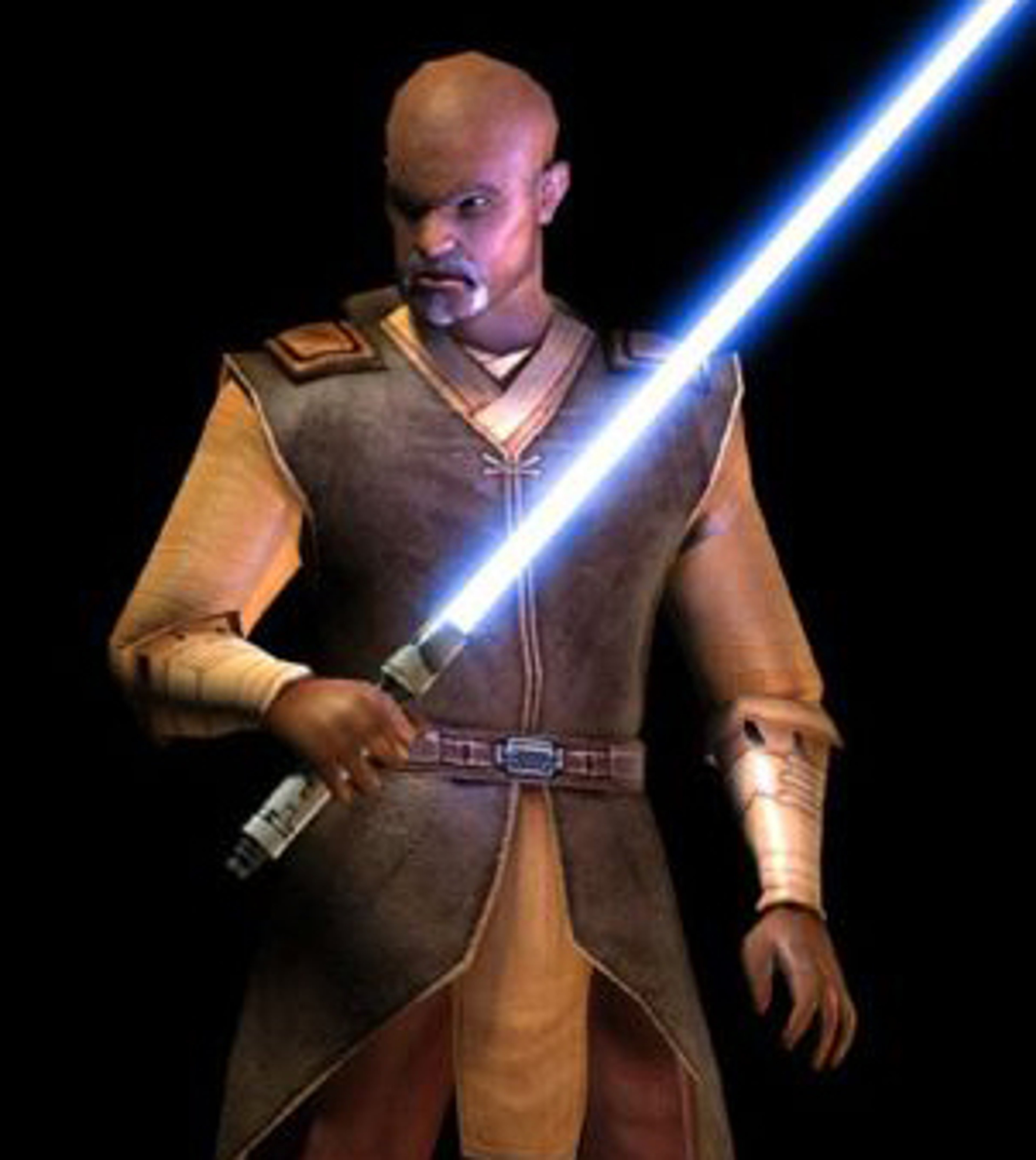 A middle-aged man in a brown robe holding a blue lightsaber