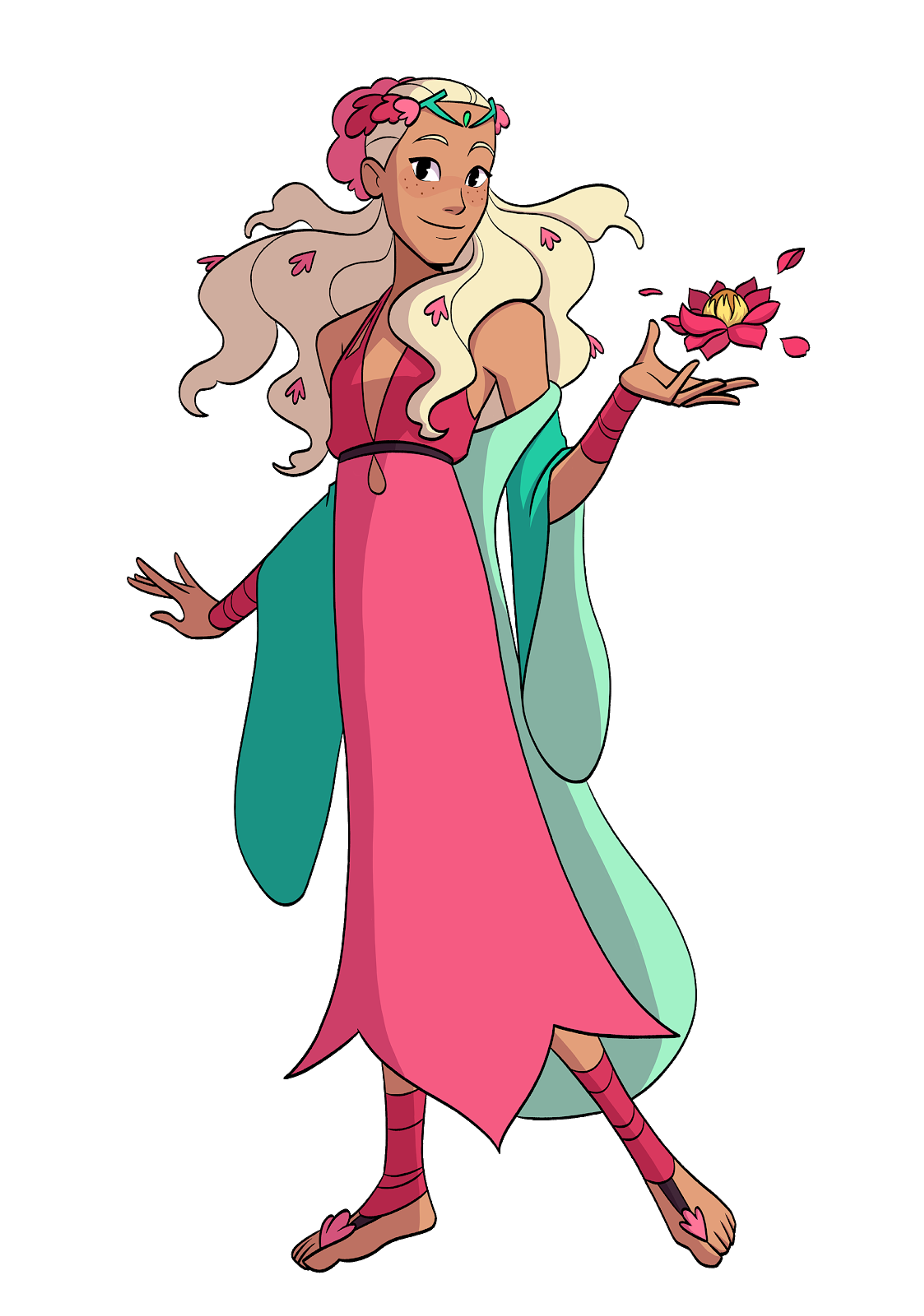 A female character with tanned skin, blonde hair, and a pink floral dress surrounded by flowers and plants.