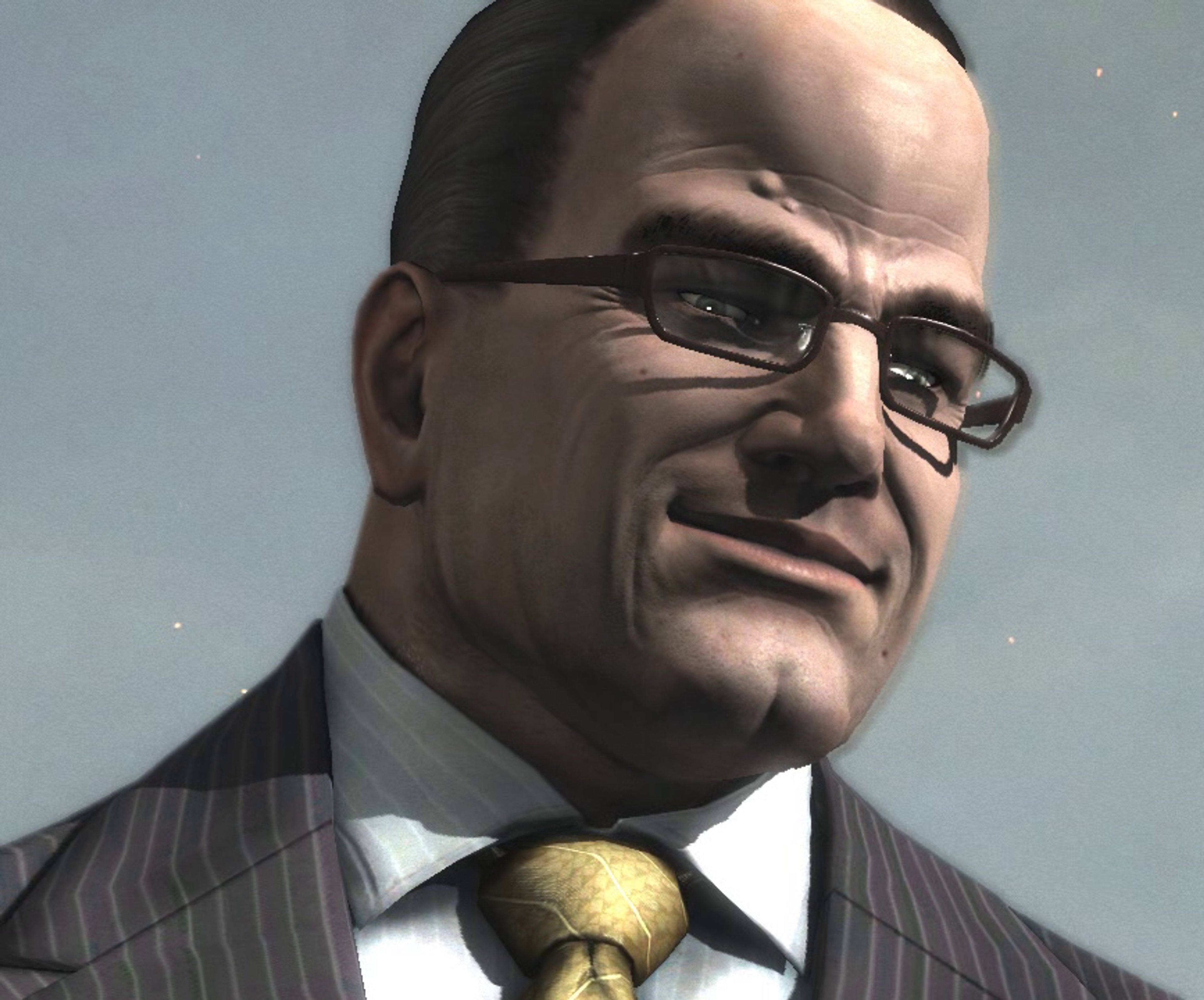 A middle-aged man in a suit and tie with a muscular build and stern expression