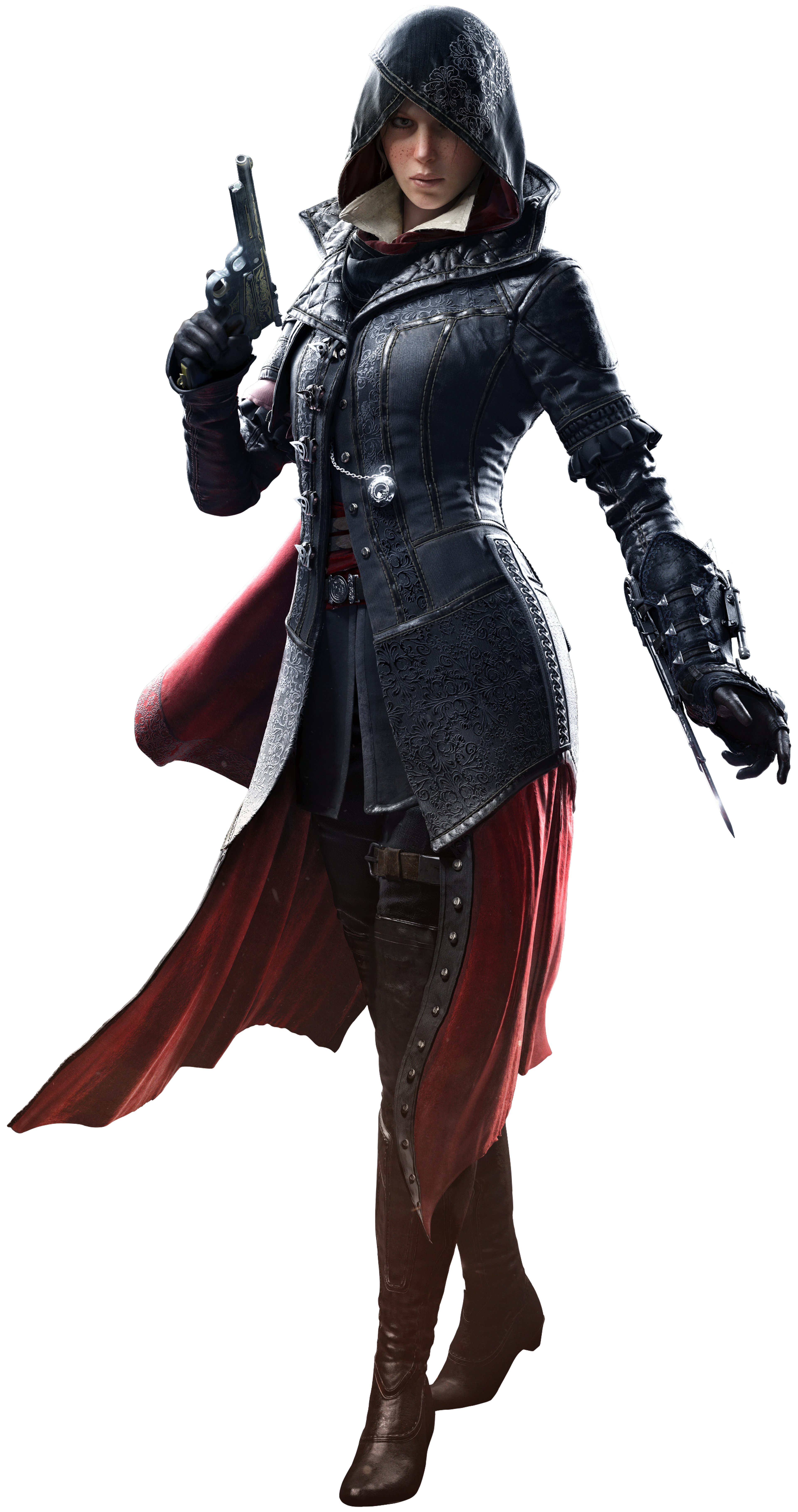 A female Assassin character from the Assassin's Creed video game series, wearing a dark hooded coat with red accents and holding a sword.