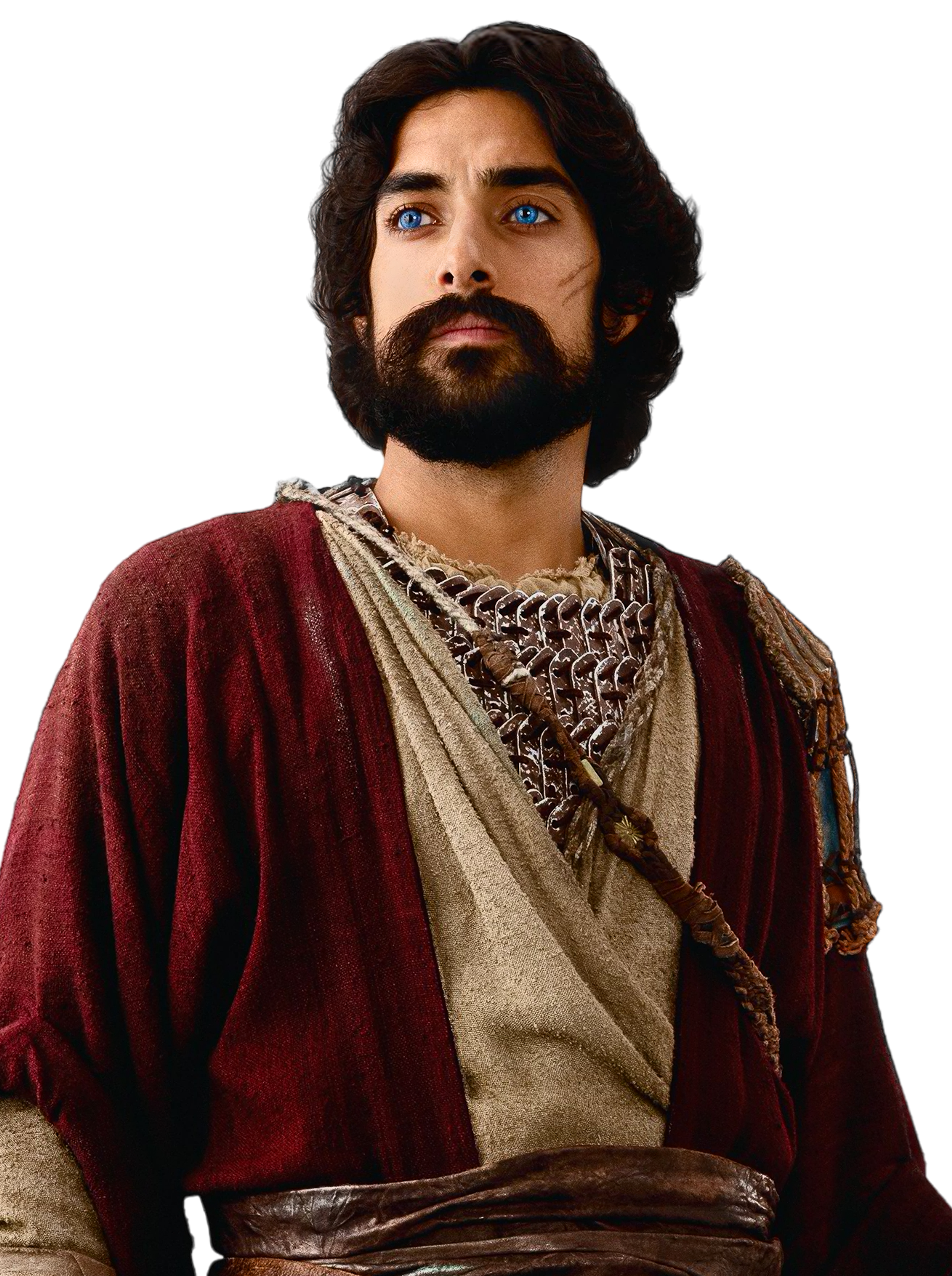A human male character with long dark hair and a beard, wearing a red robe and a necklace.