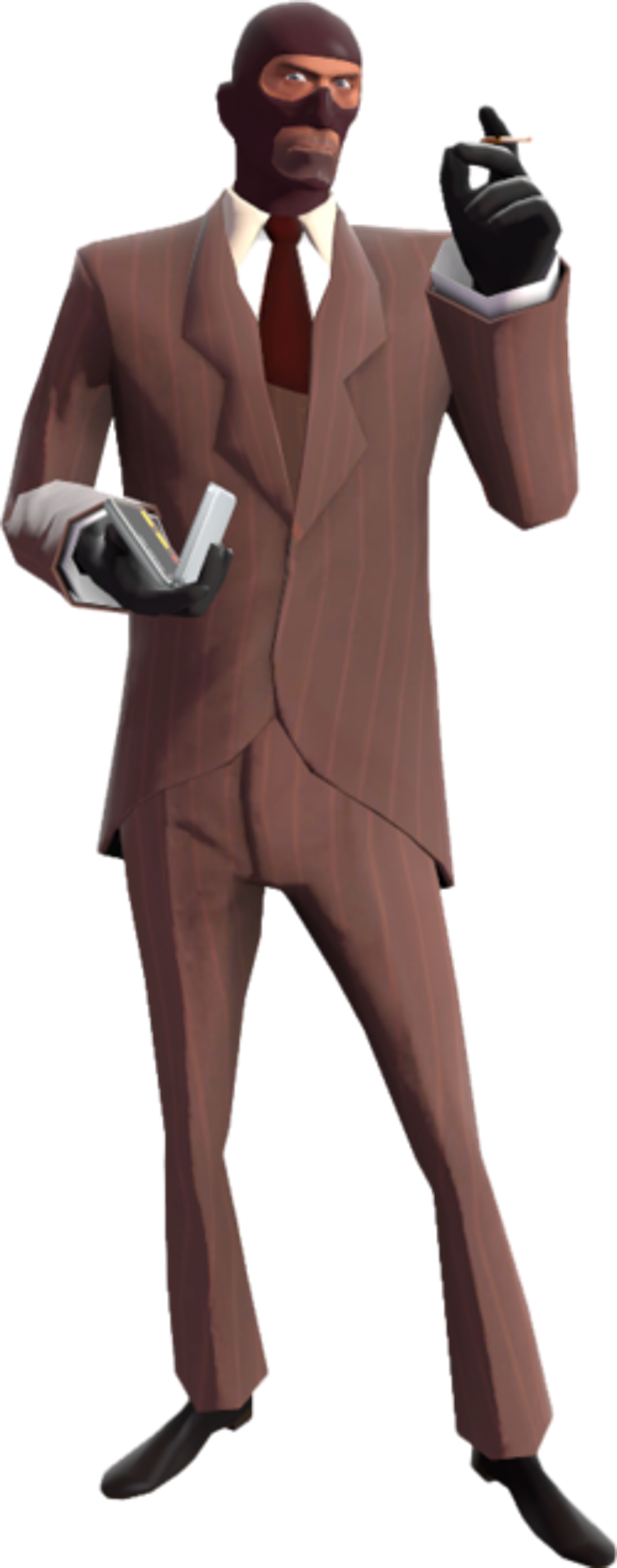 A character from the Team Fortress video game series, known as the Spy, wearing a gray suit and holding a cigarette.