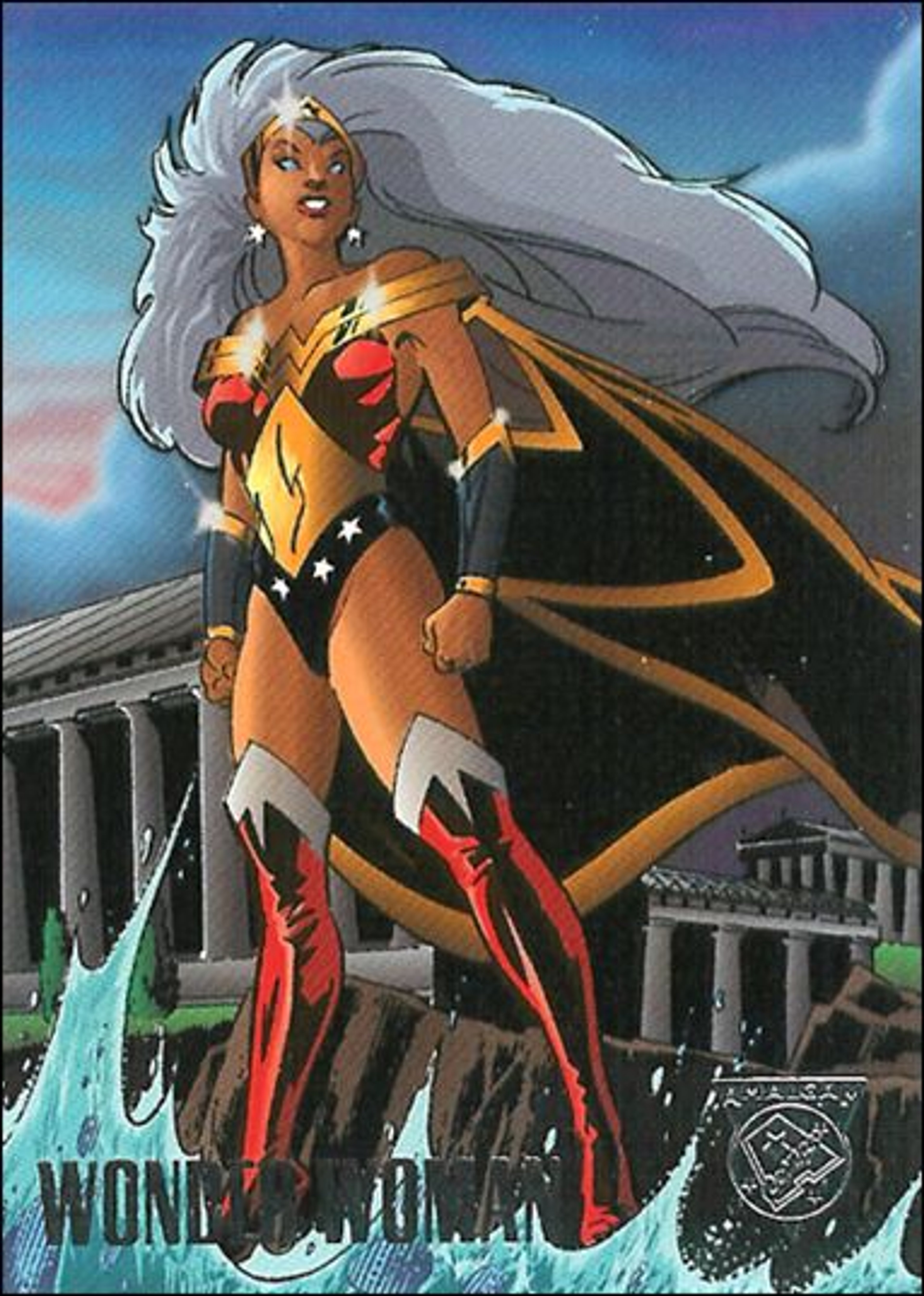 A powerful female superhero character with white hair and a striking costume, standing in a heroic pose.