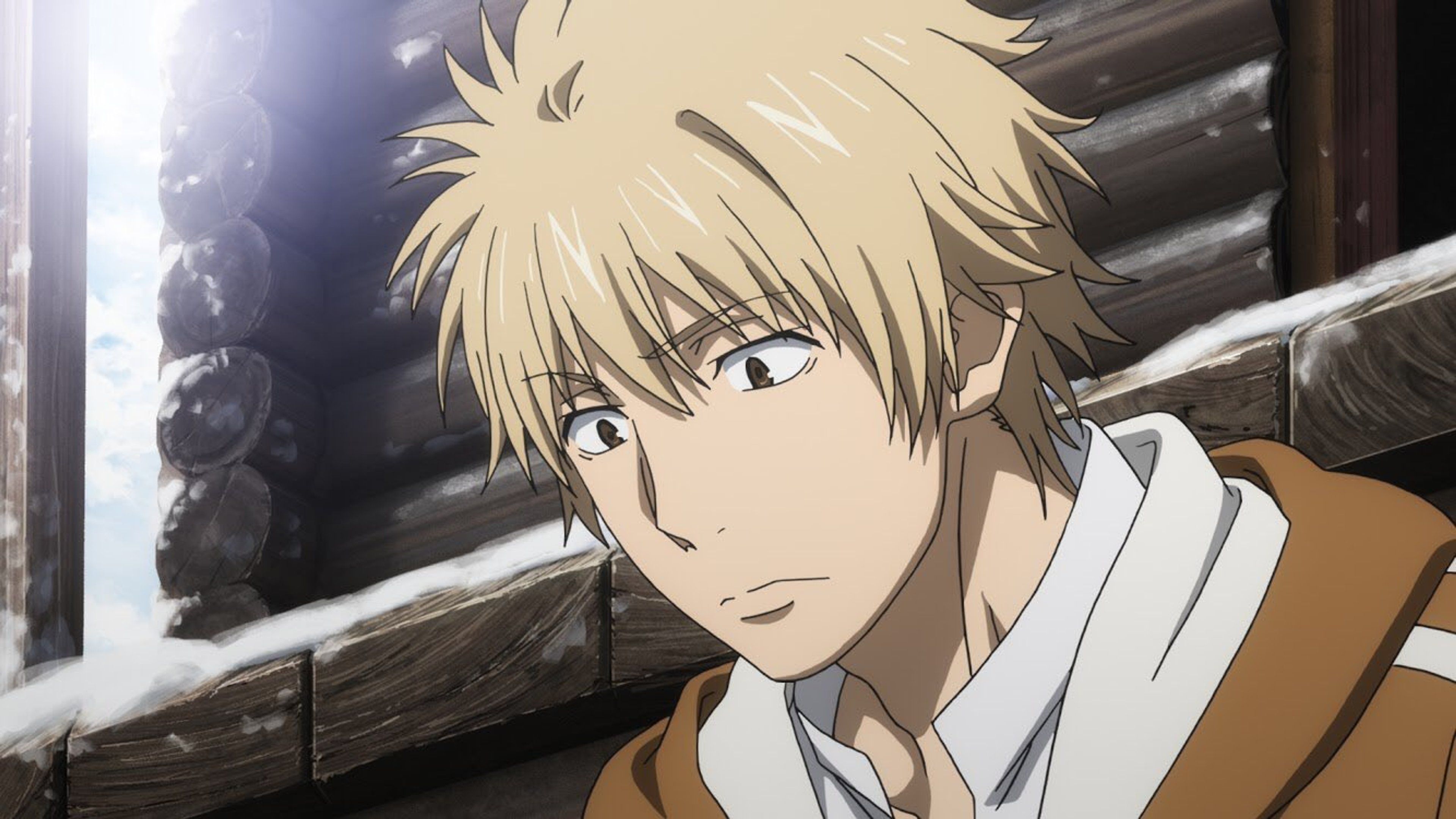 An anime-style character with spiky blonde hair and blue eyes, wearing a casual outfit and looking out a window.