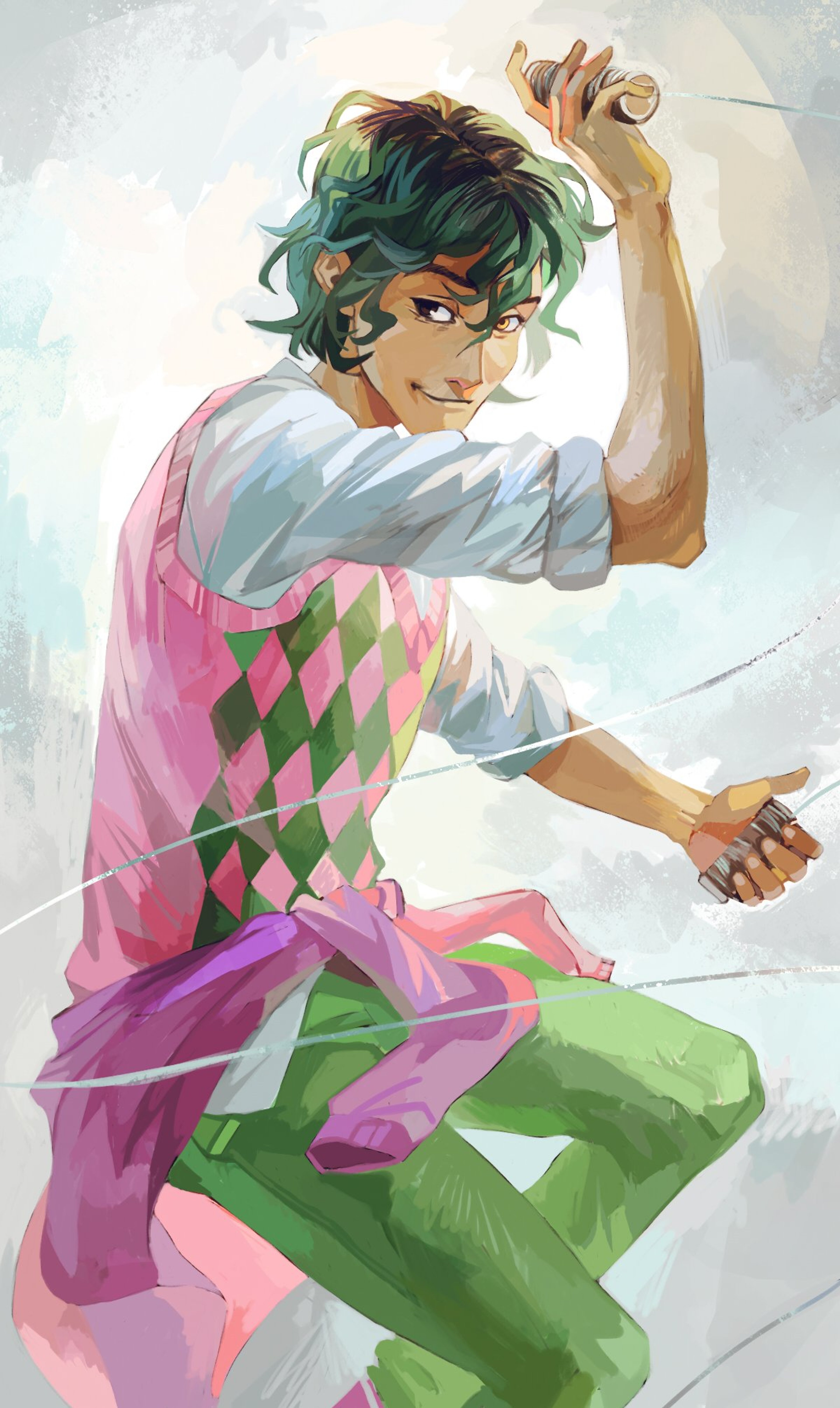 A genderfluid, shapeshifting Norse demigod character in an action pose