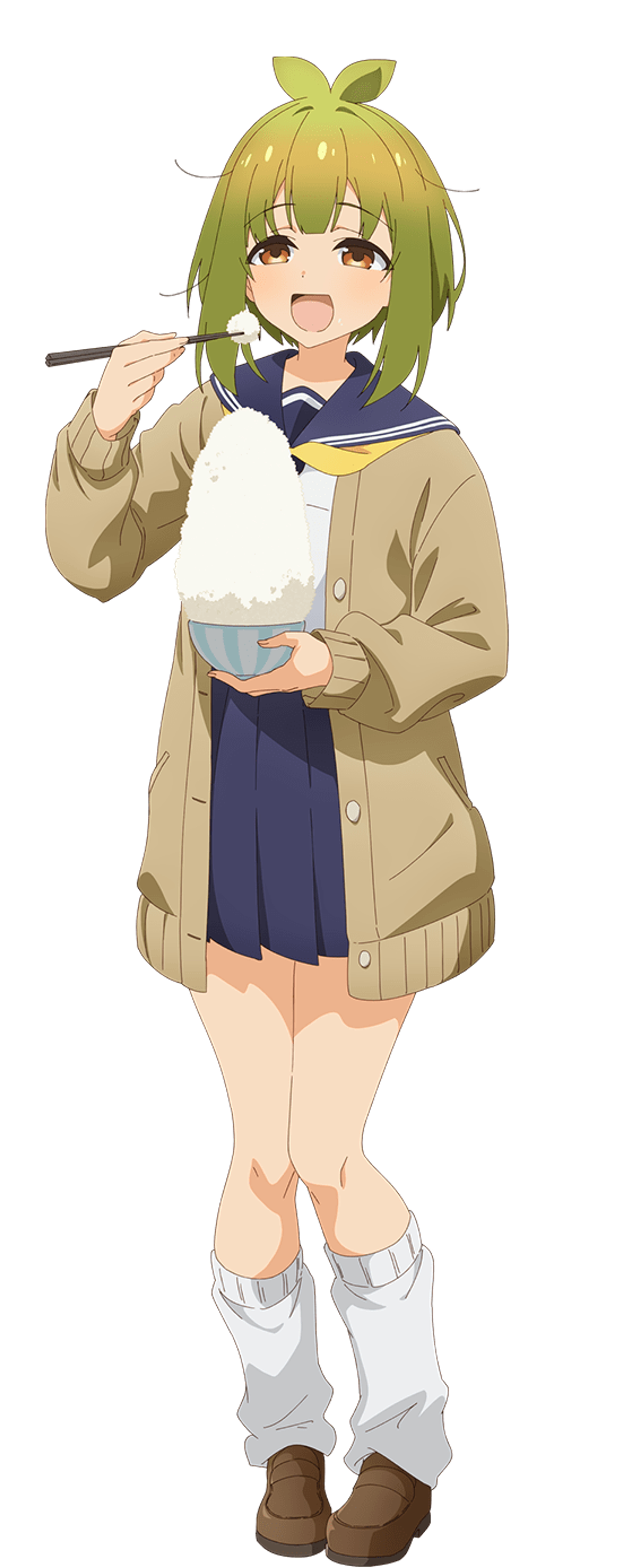 An anime-style character with green hair and a school uniform, holding a bowl of rice.