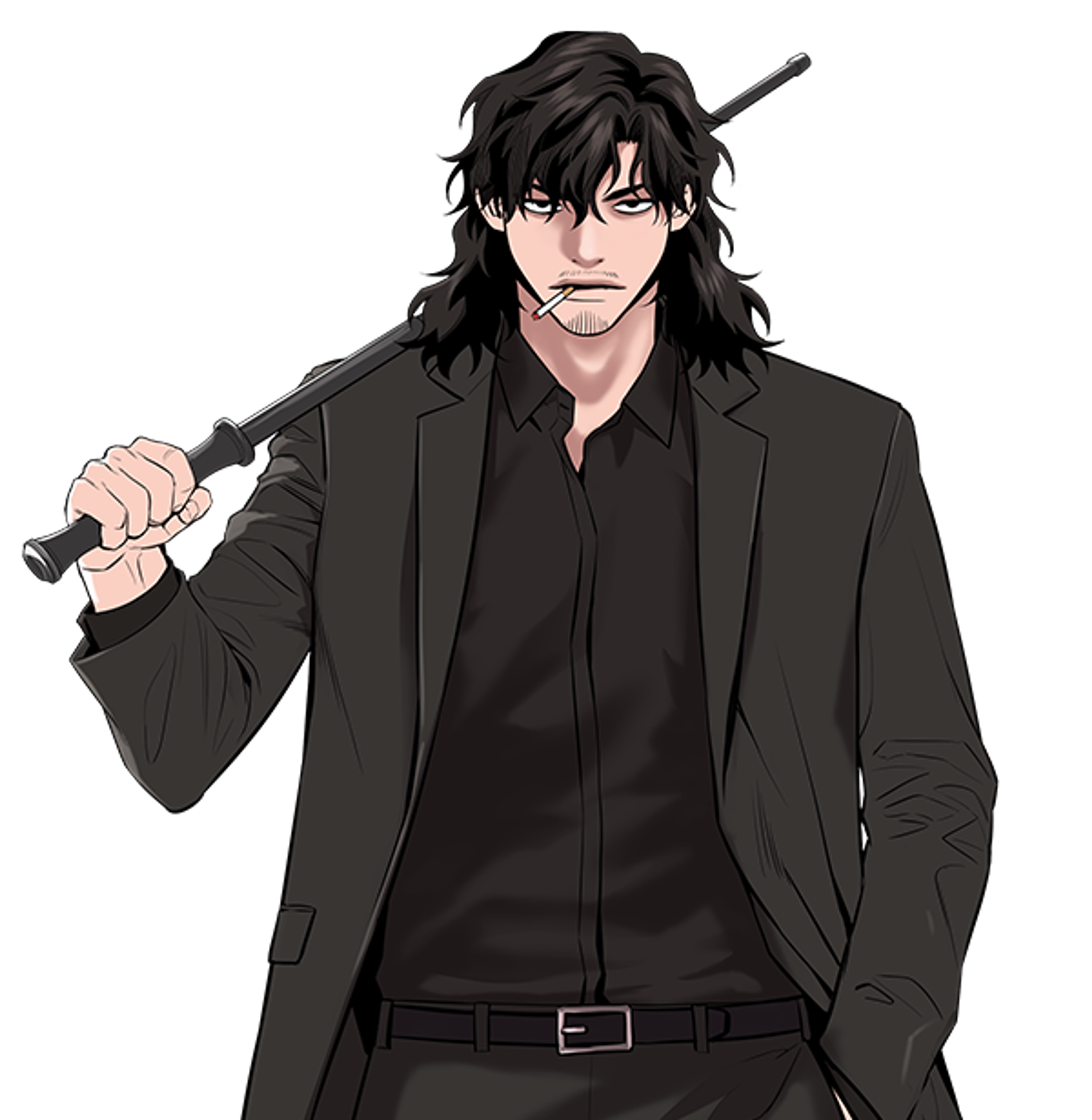 A man in a black suit holding a weapon