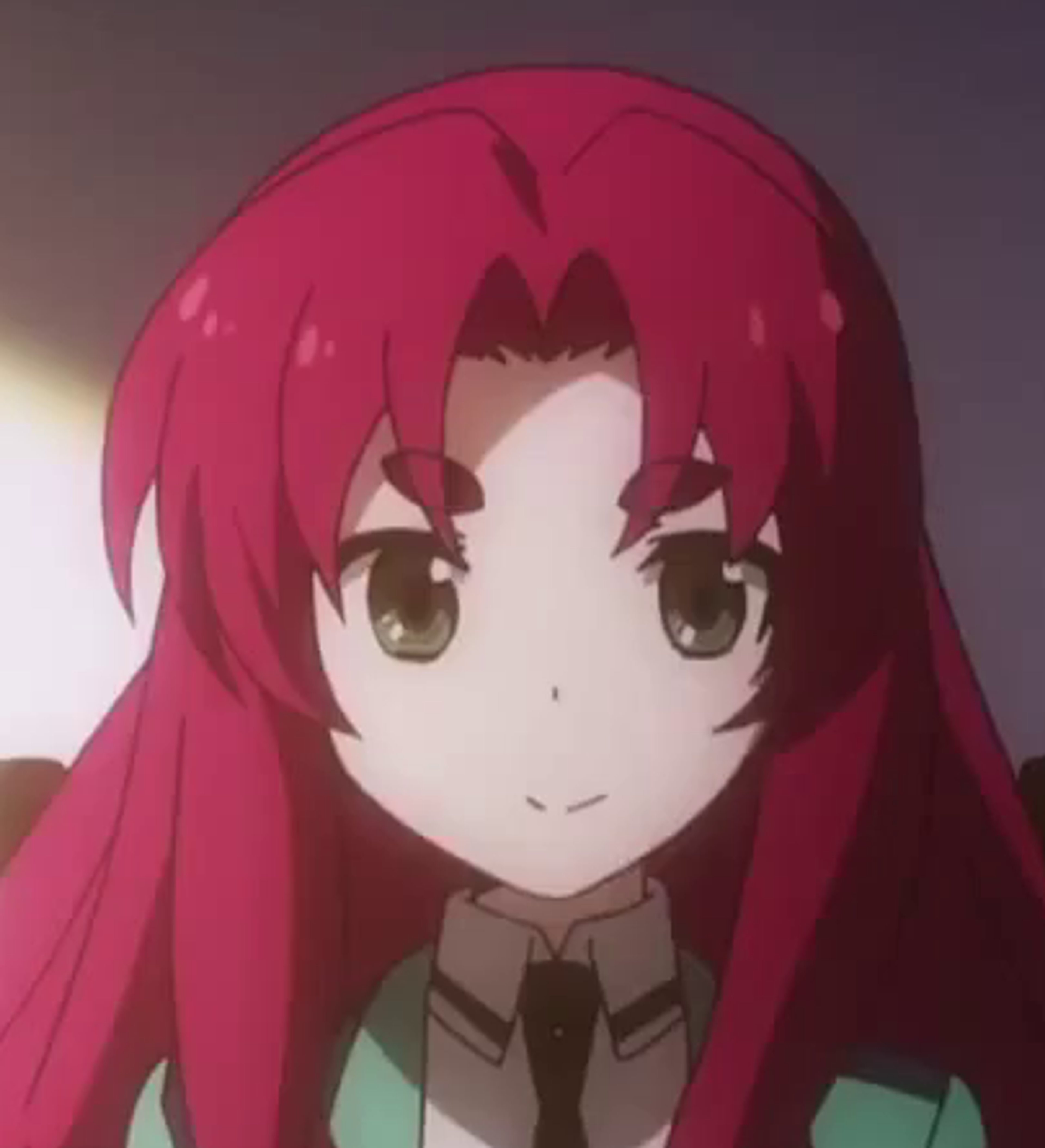 An anime-style girl with red hair and green eyes wearing a school uniform and holding a pink plush bunny.