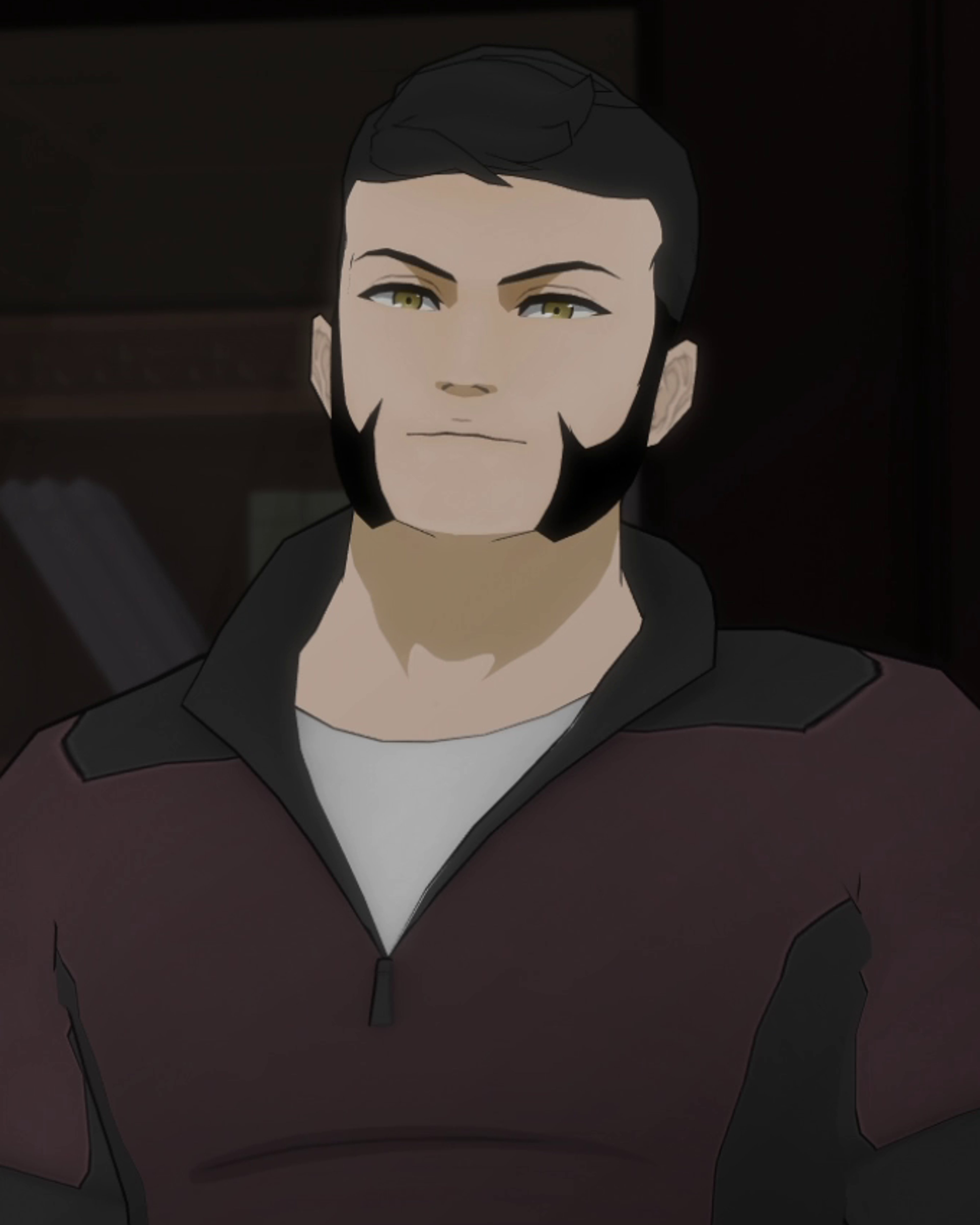 A close-up portrait of a serious-looking male character with short dark hair.