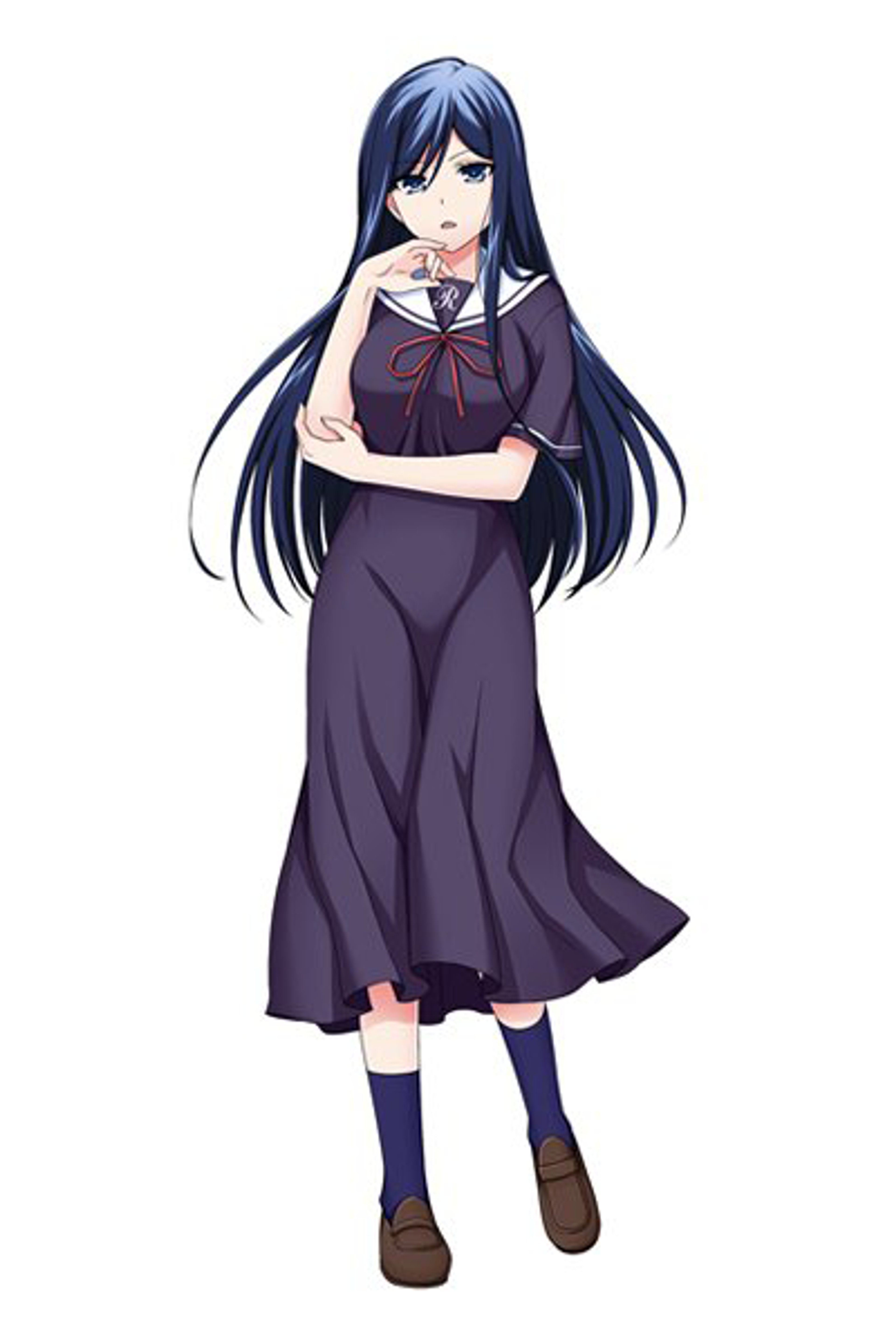 A young woman with long, dark blue hair and a purple school uniform standing with a calm expression.