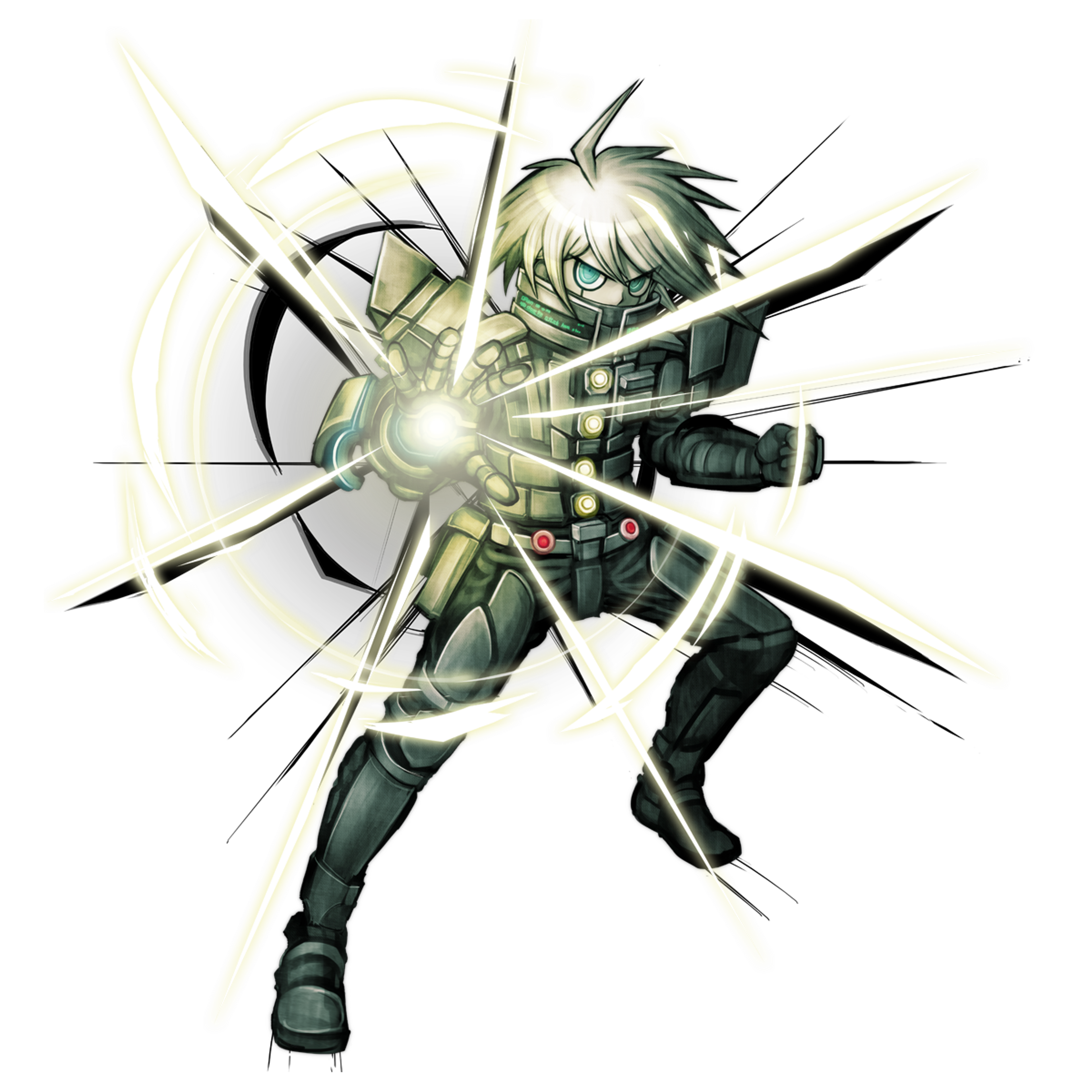 A robotic character with a mechanical appearance holding a weapon-like tool.