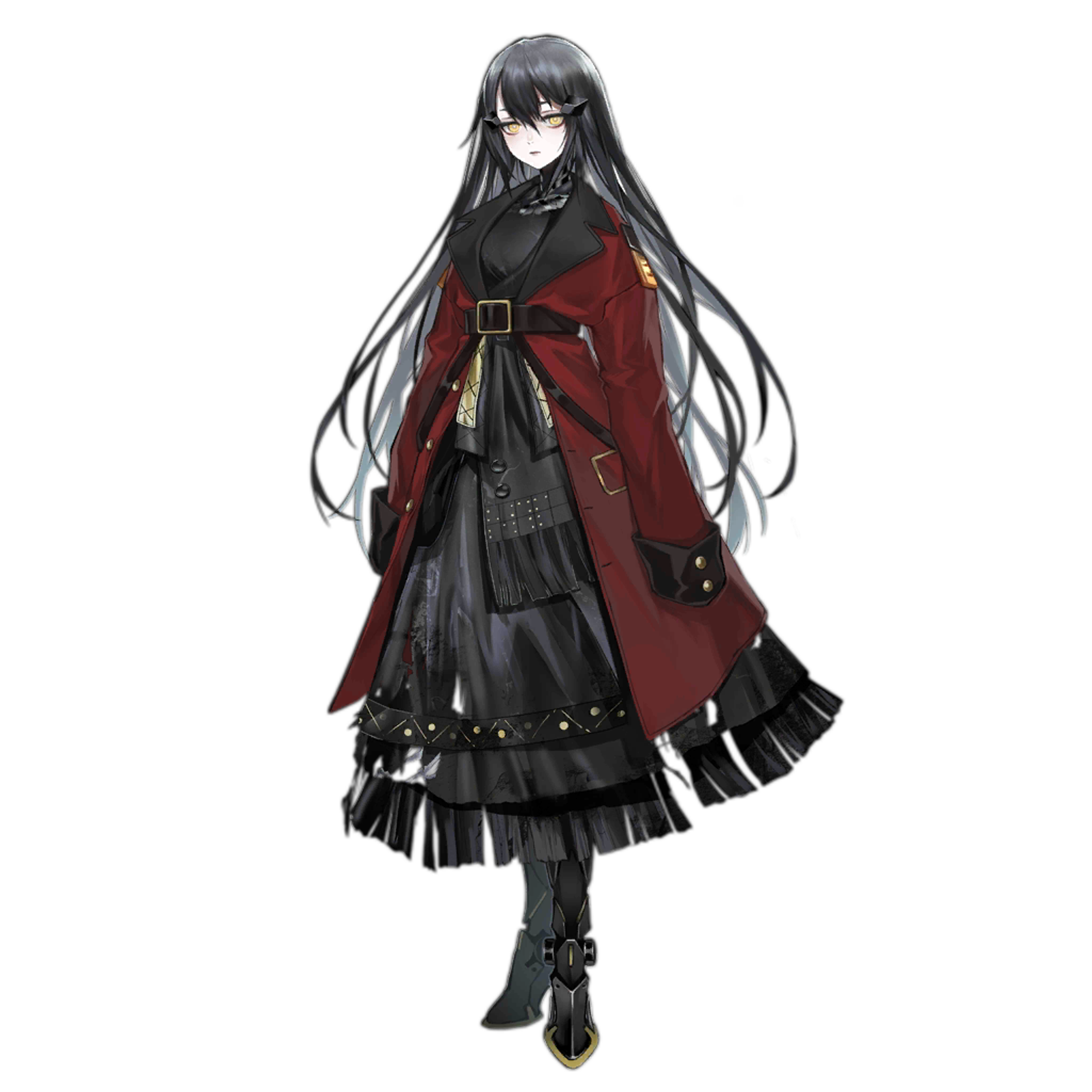 A female character with long black hair wearing a red cloak or cape over a dark dress