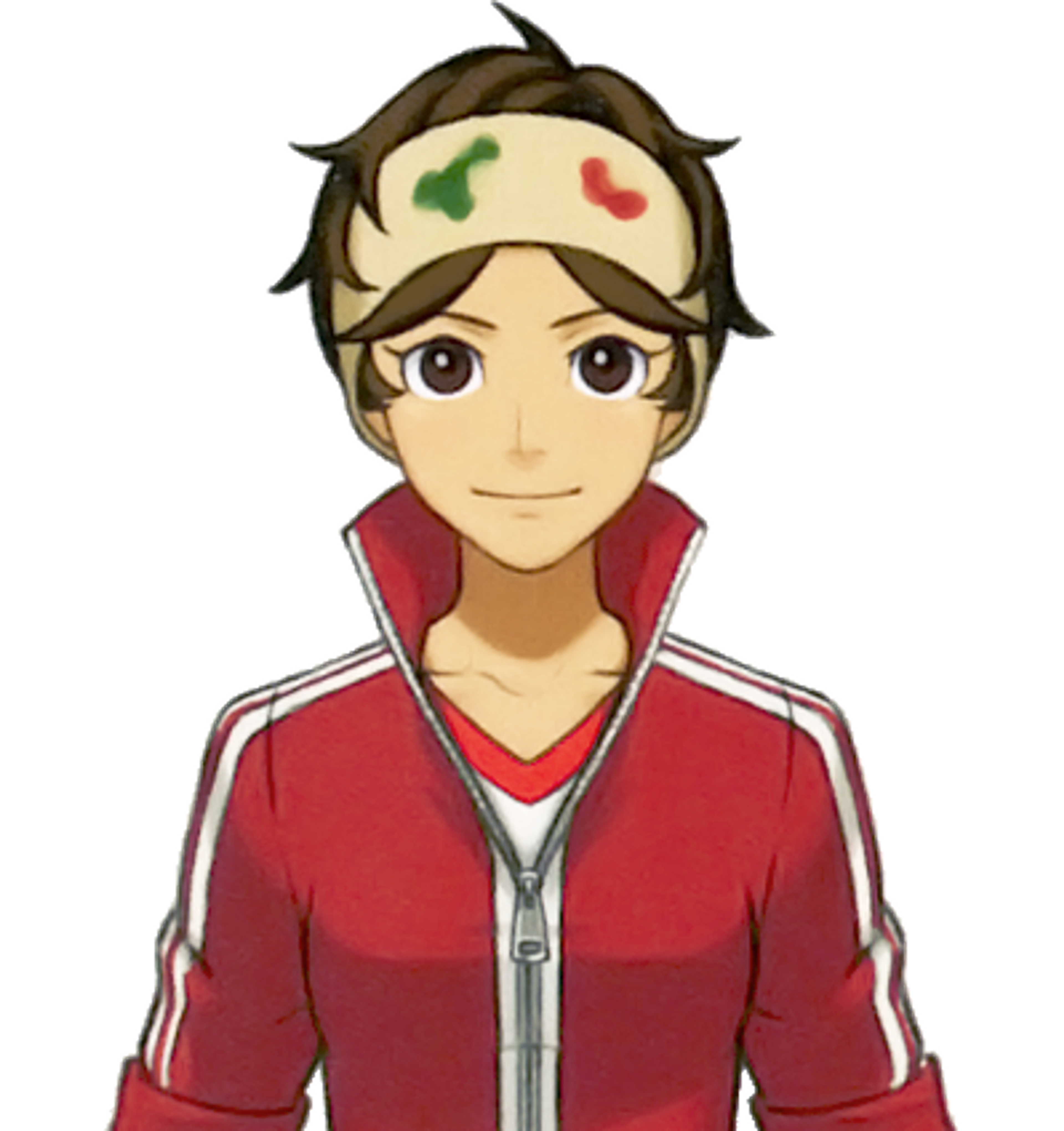 An anime-style character with brown hair and green eyes wearing a red jacket