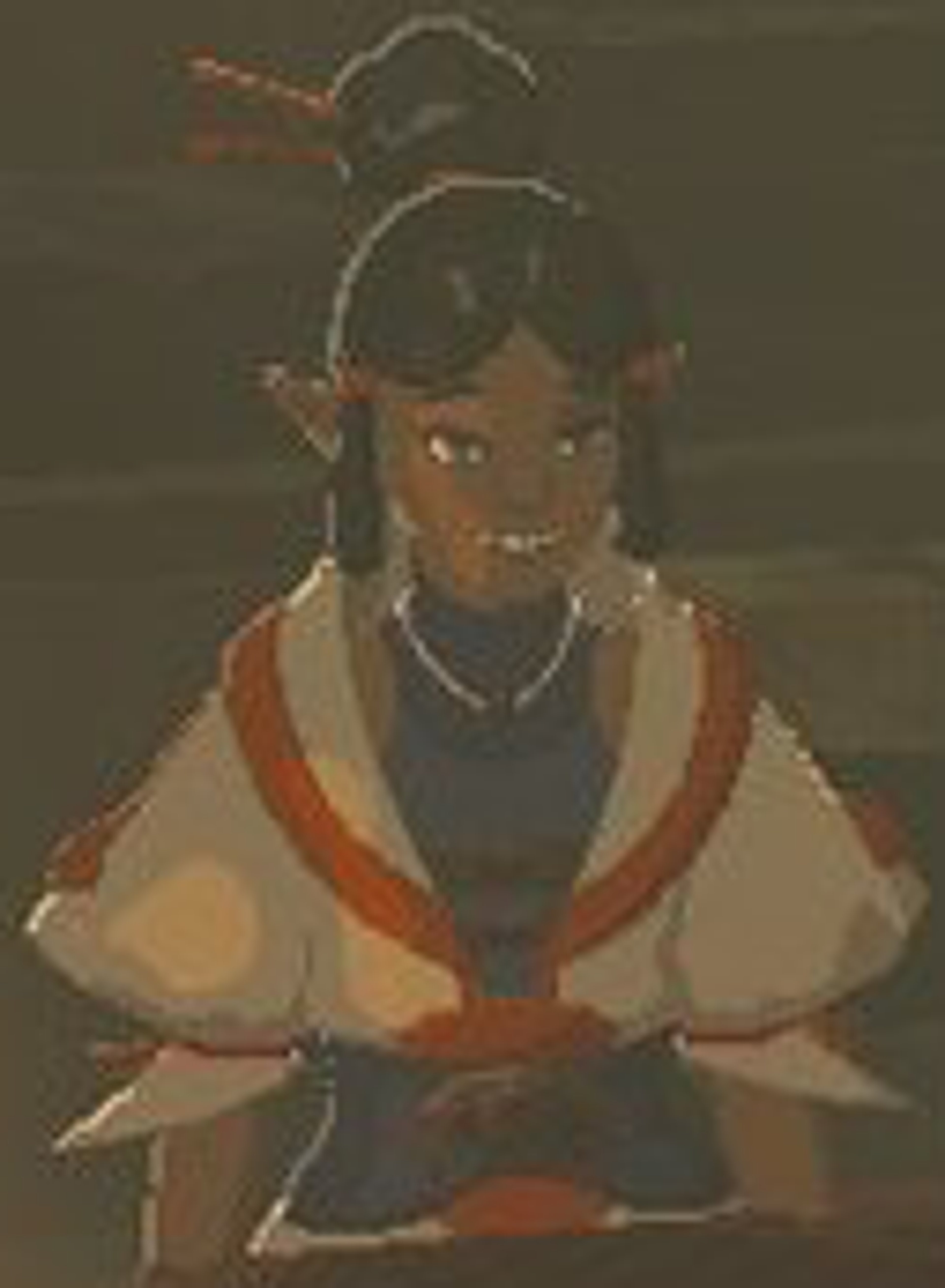 A middle-aged Sheikah woman with red eyes and white hair in a topknot, wearing a red and white outfit with a scarf.