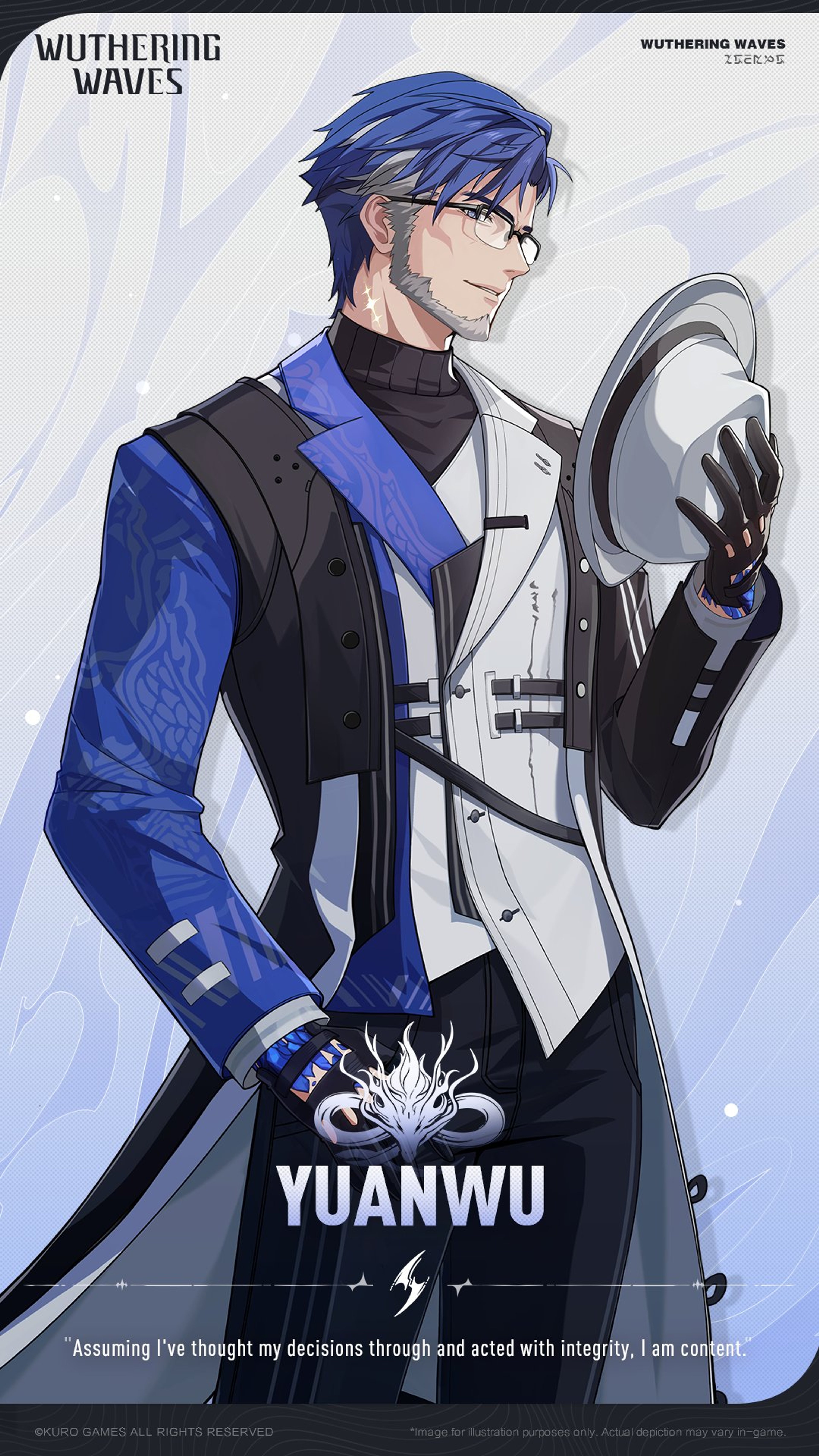 A young man with blue hair and glasses, wearing a black and blue outfit, holding a metal shield or weapon.