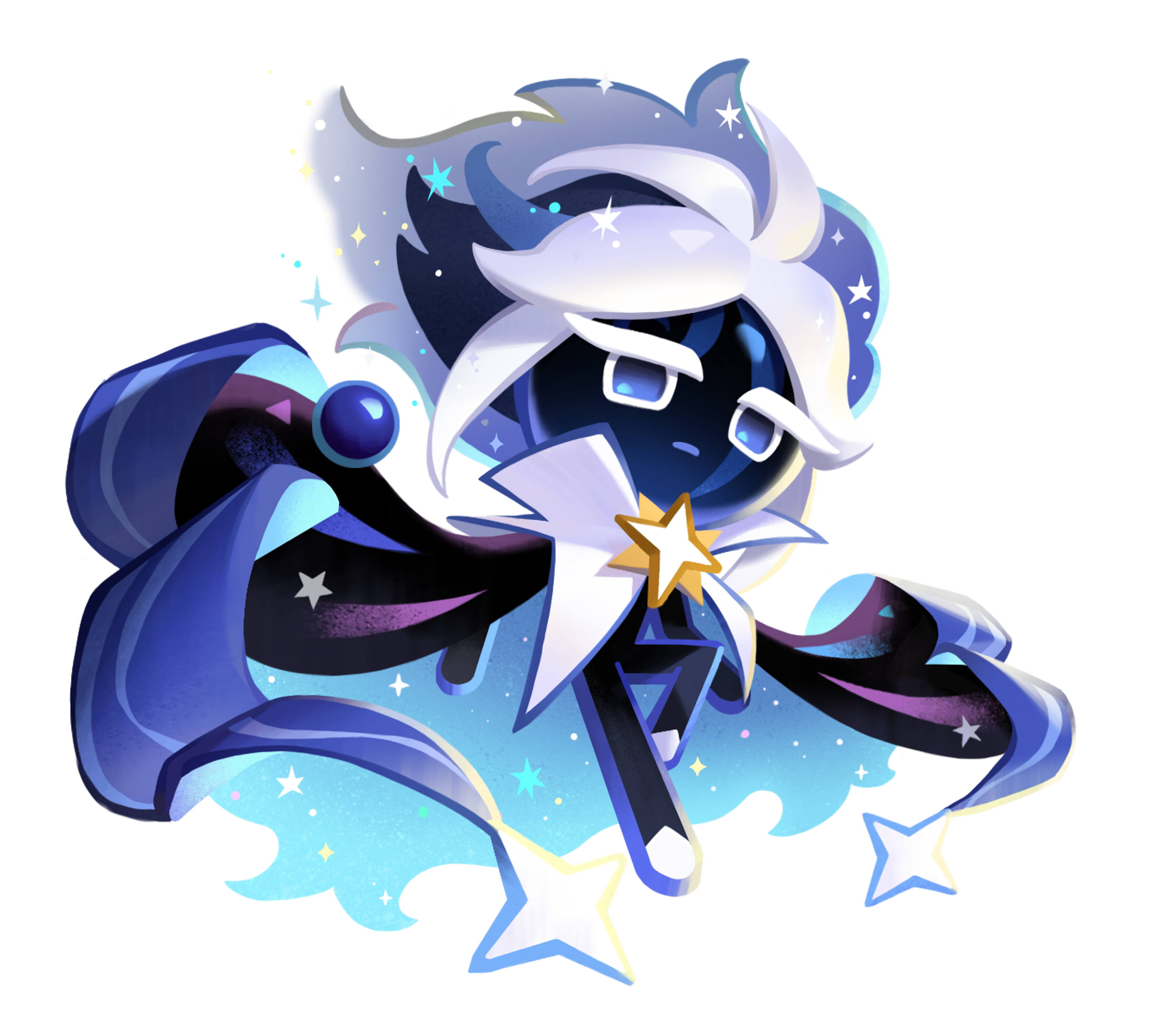 A detailed illustration of a celestial, ethereal cookie character with a deep obsidian complexion, swirling navy hues, and captivating cerulean eyes.
