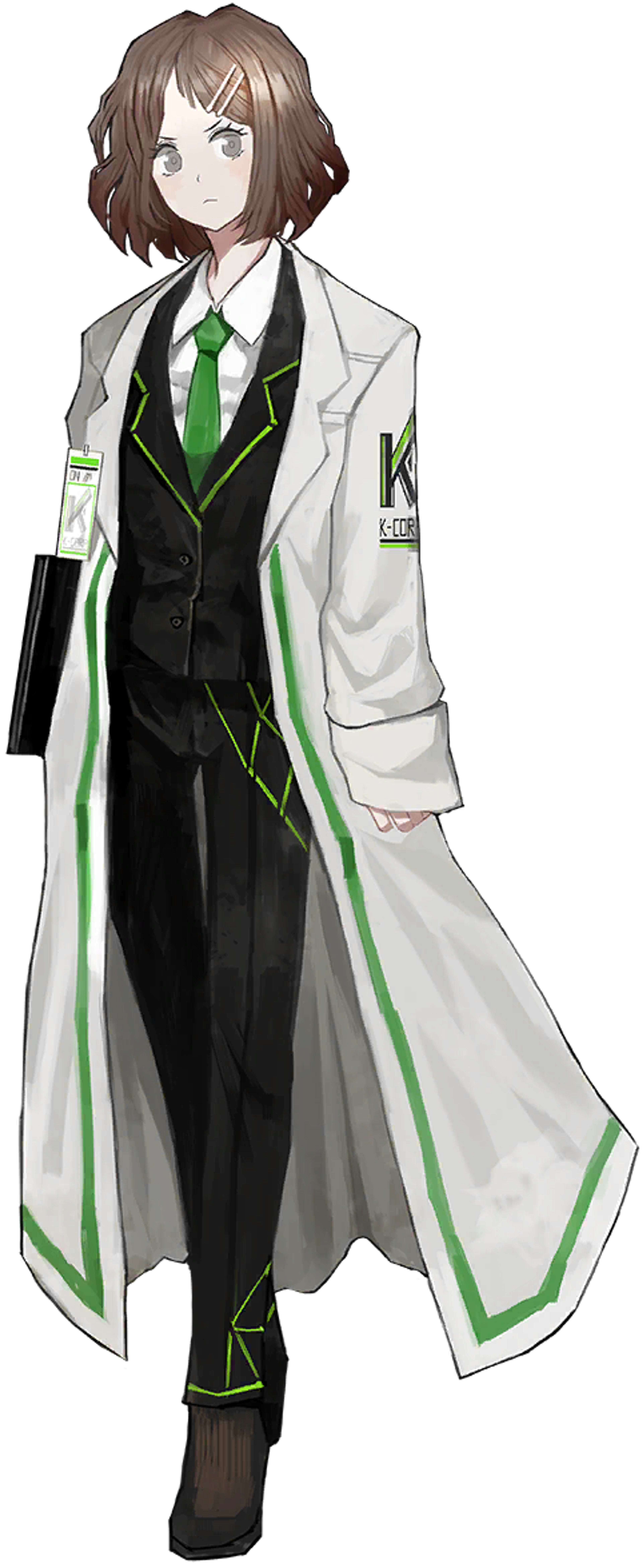 A young woman in a lab coat and suit standing in a professional setting