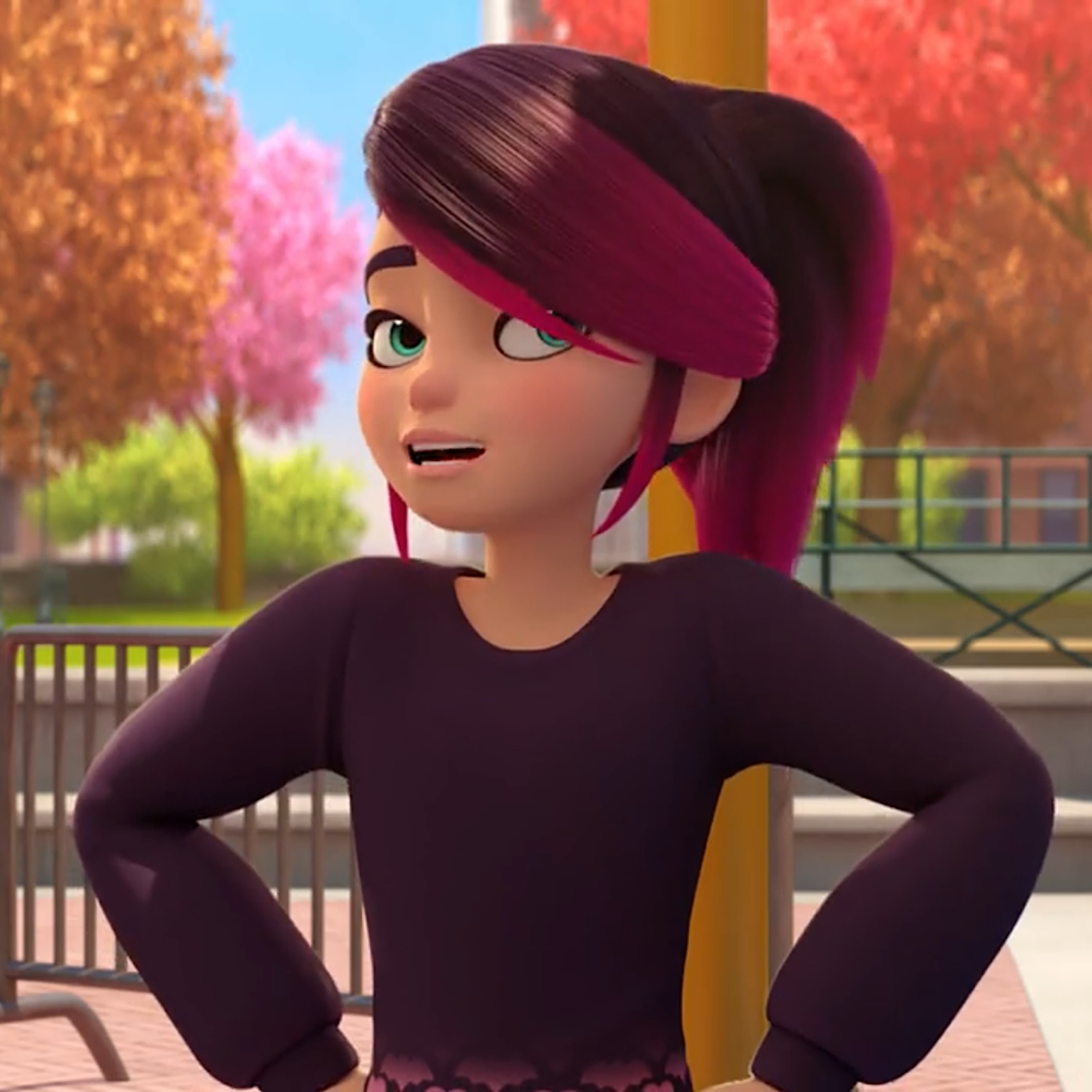 A young female superhero character with dark hair and a purple outfit