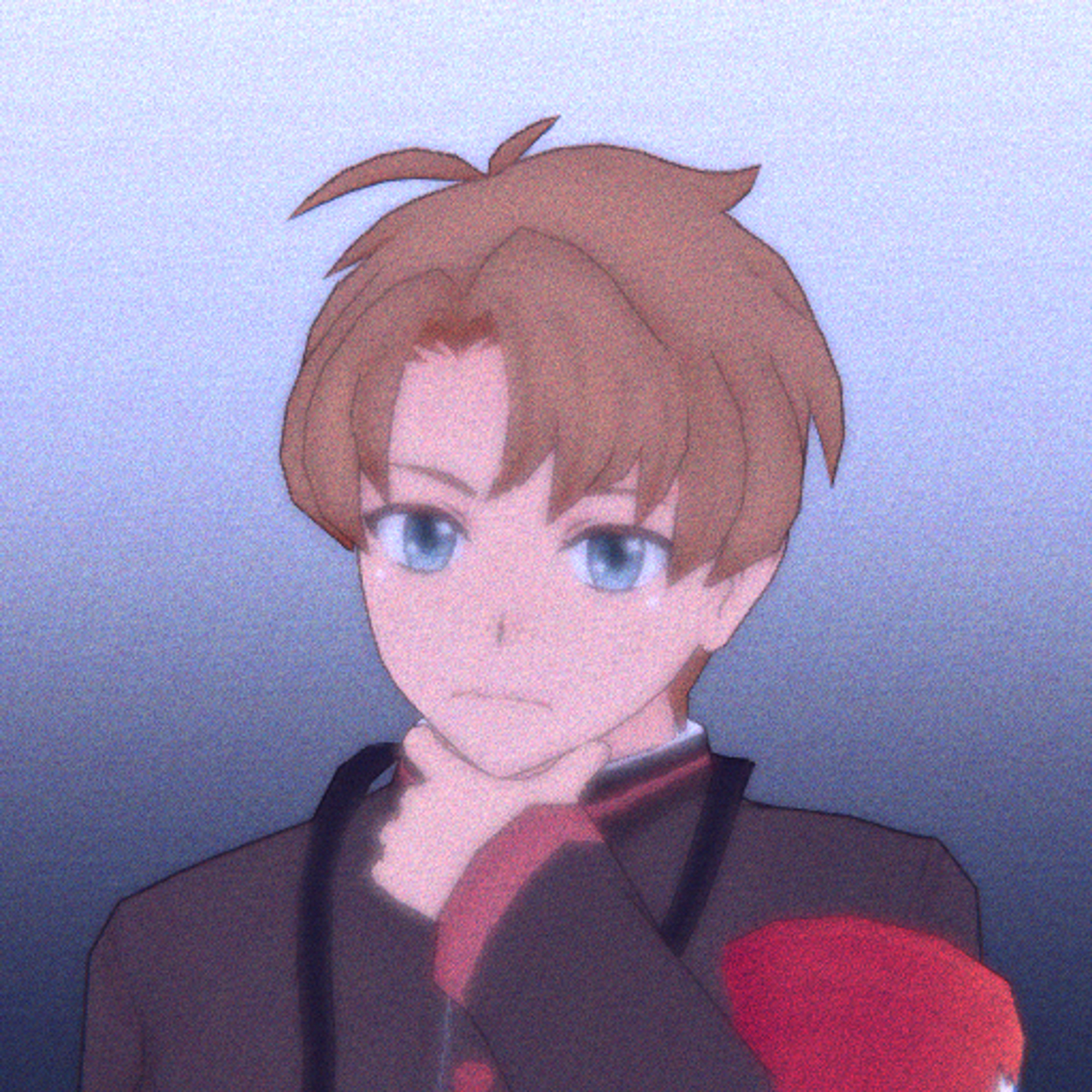 An anime-style character with semi-fluffy dark-blonde hair, freckles, and a red armband holding a polaroid camera