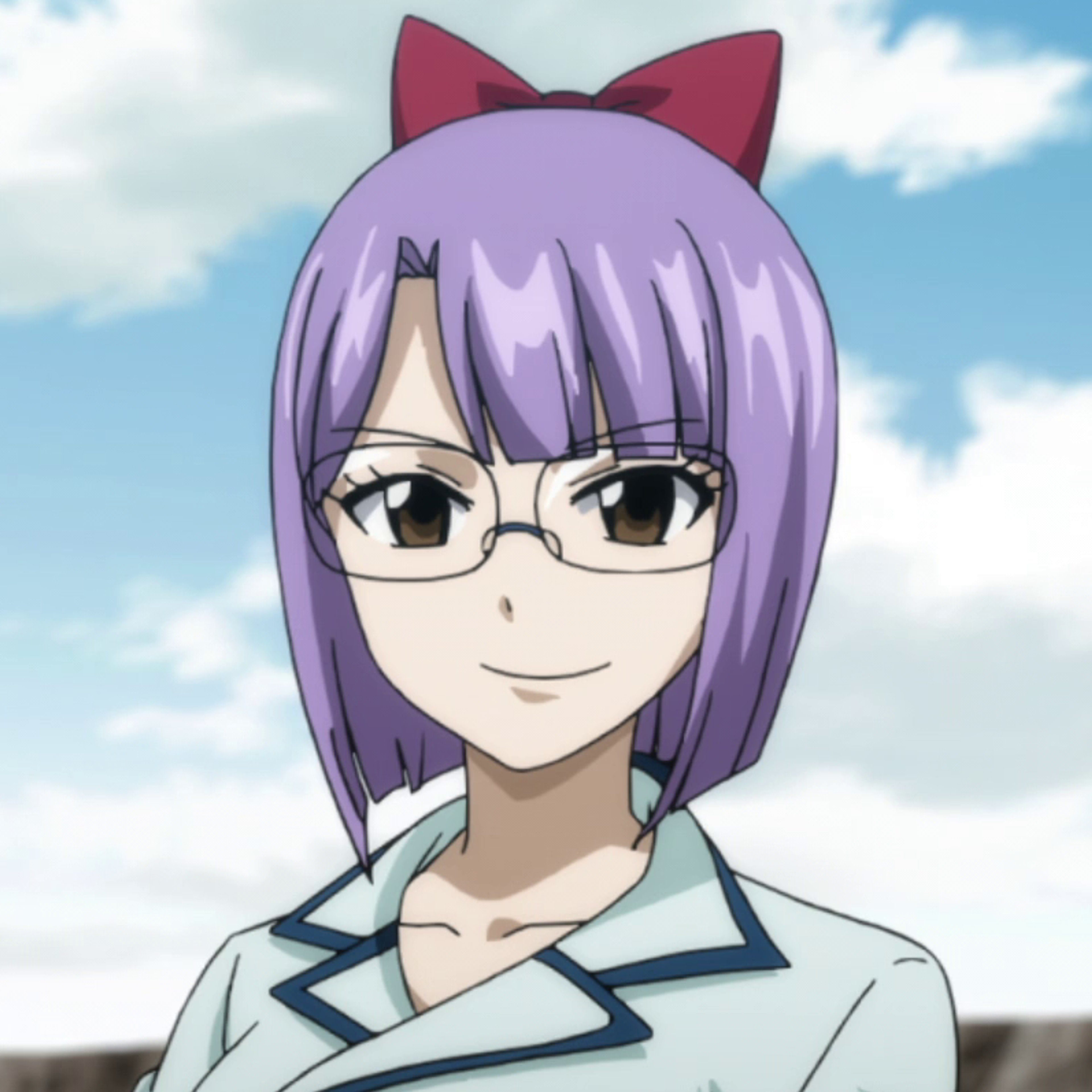 A young woman with lavender hair and glasses wearing a school uniform-style outfit