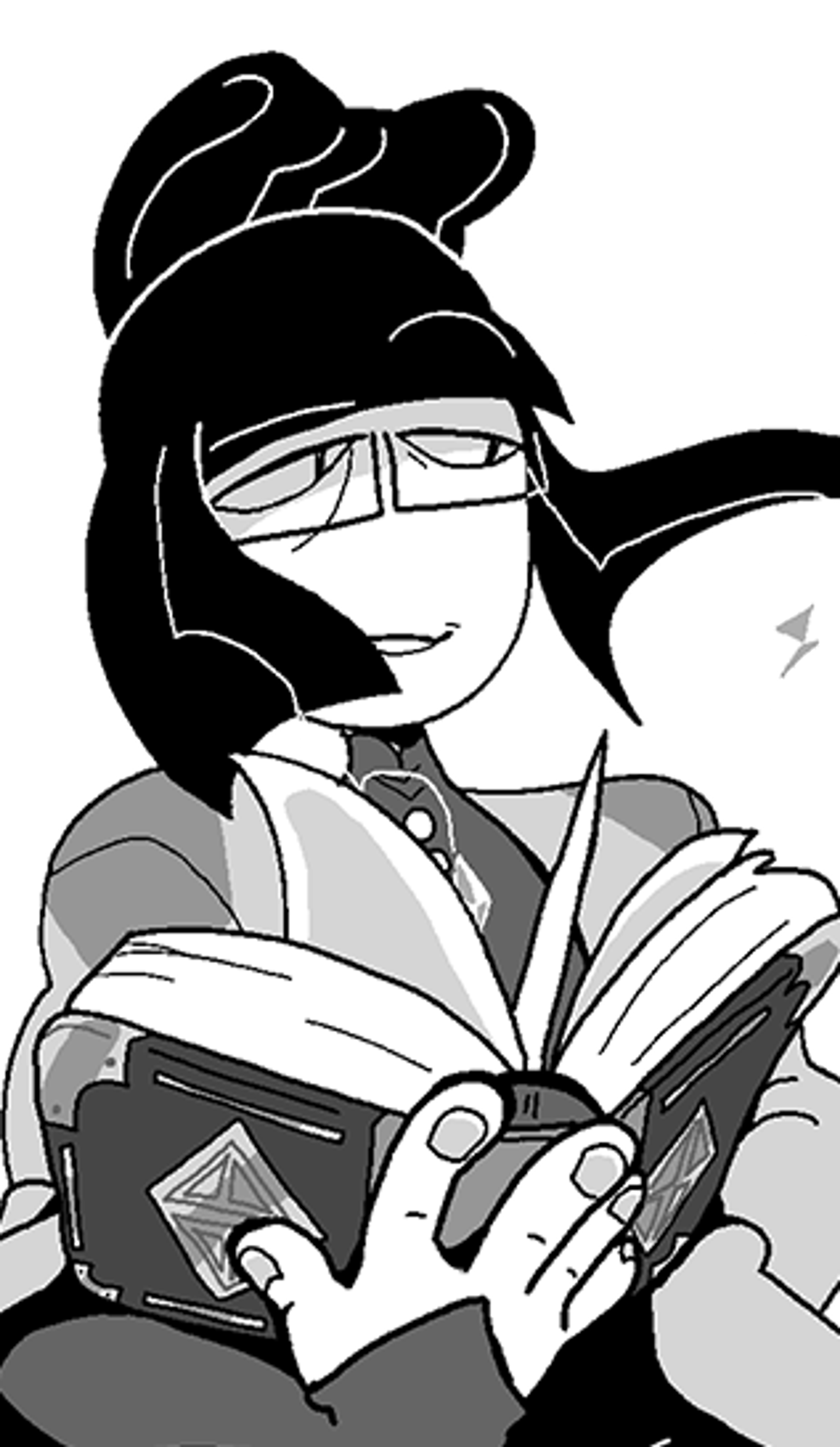 A woman with black hair and glasses wearing a grey outfit and carrying a notebook.