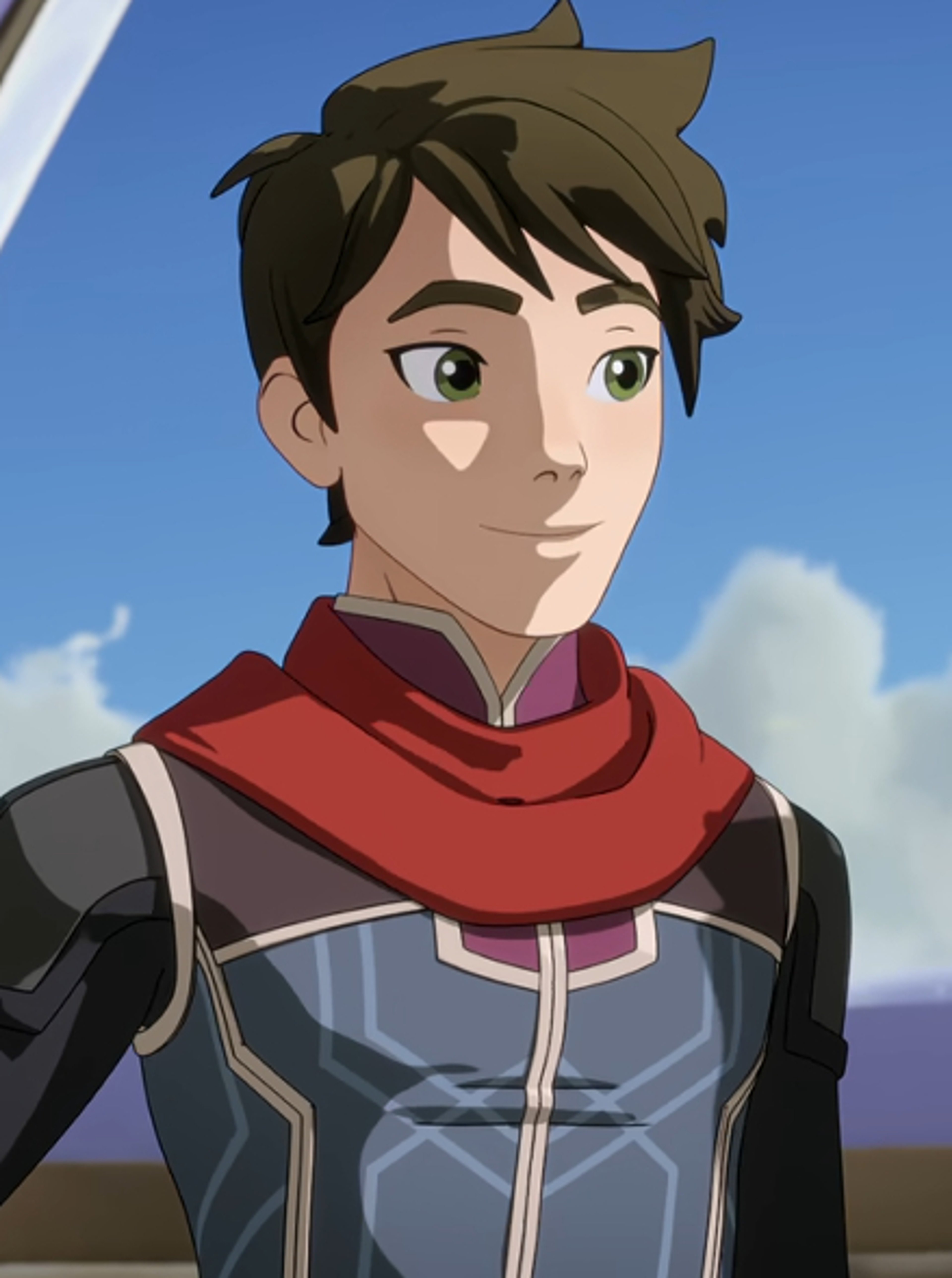 A young man with brown hair and green eyes wearing a red scarf and a gray and black uniform.