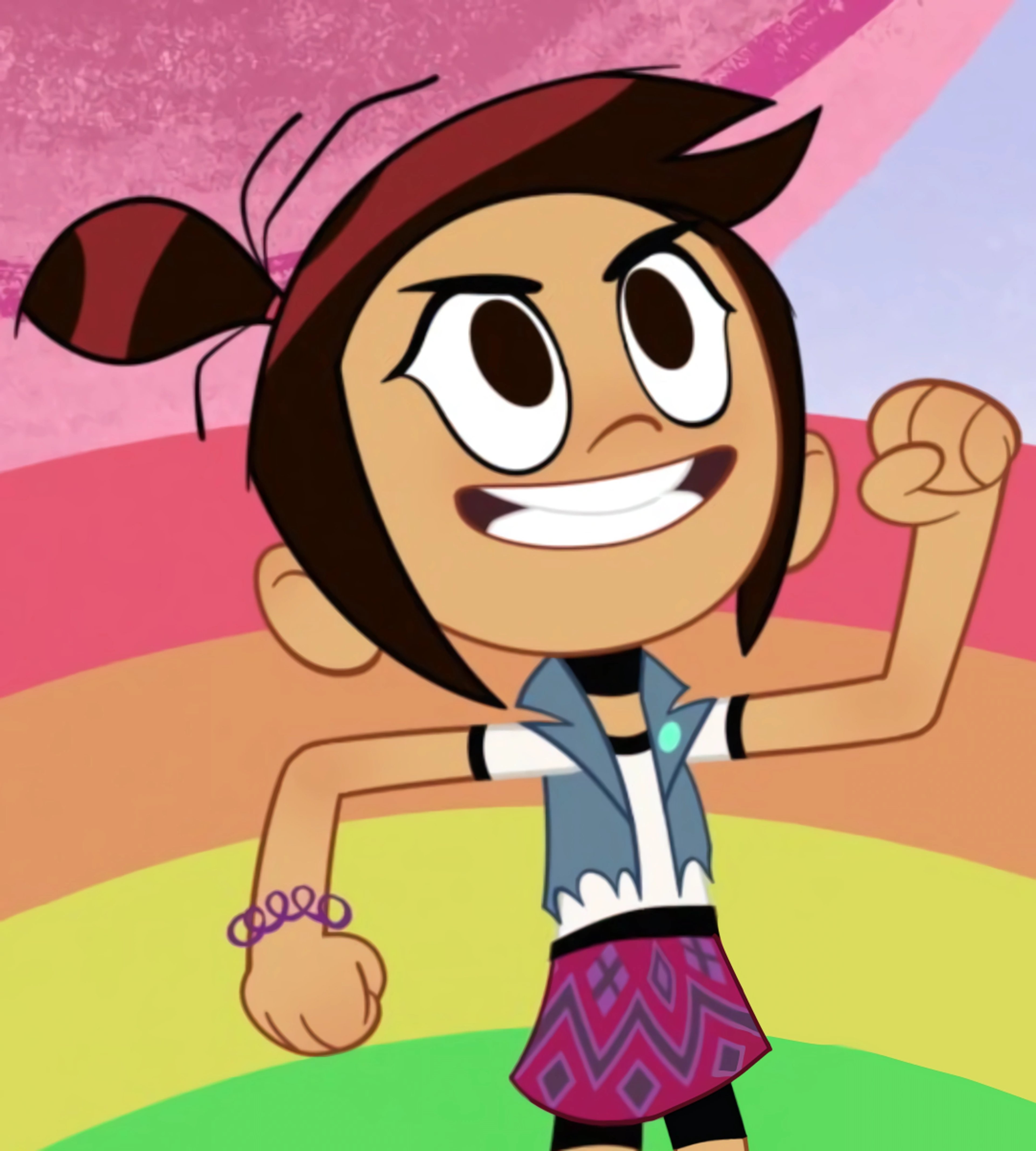 An animated cartoon character of a young, energetic girl with pigtails