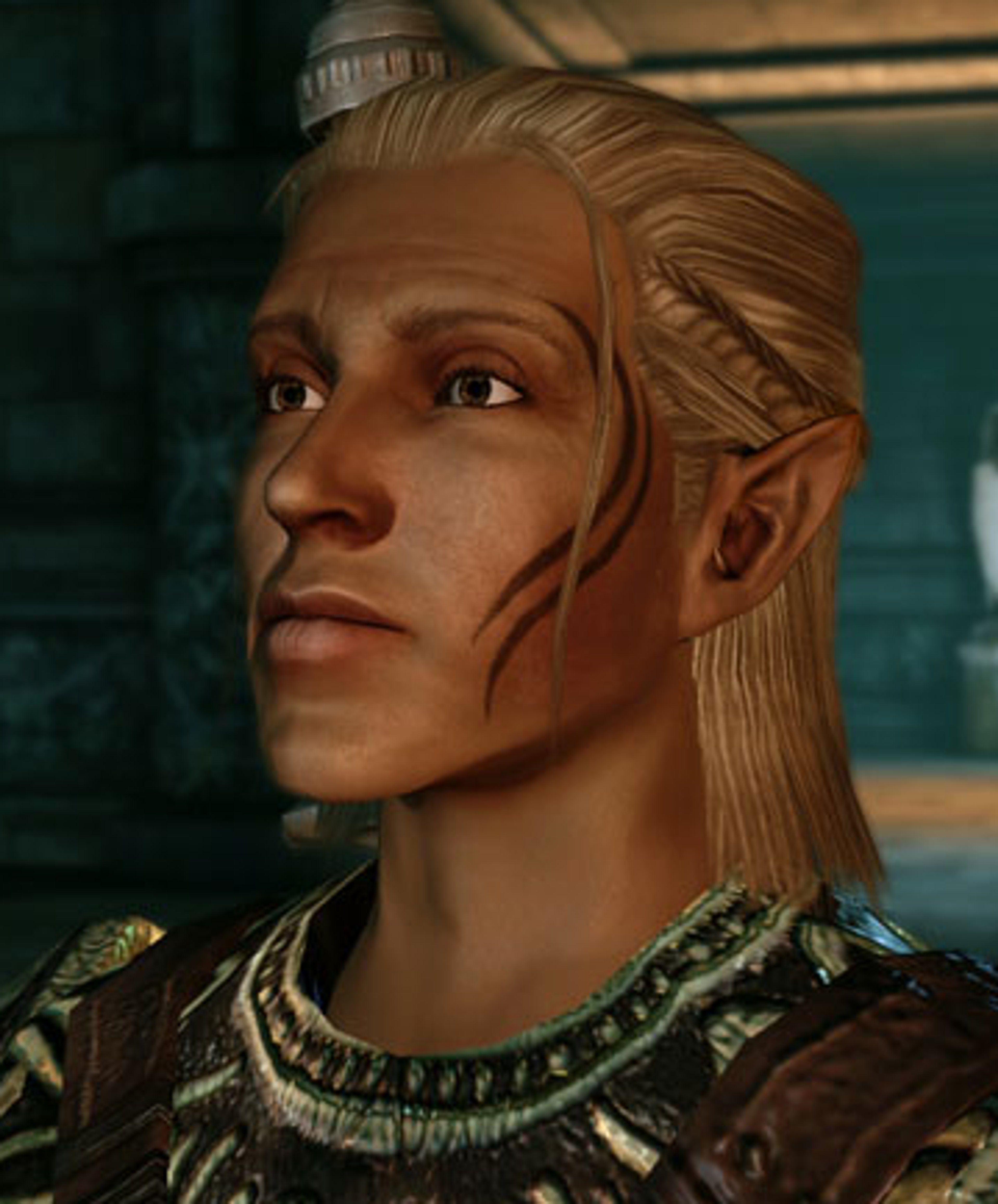 A male elf character with long blonde hair and a serious expression, wearing a green and brown outfit.