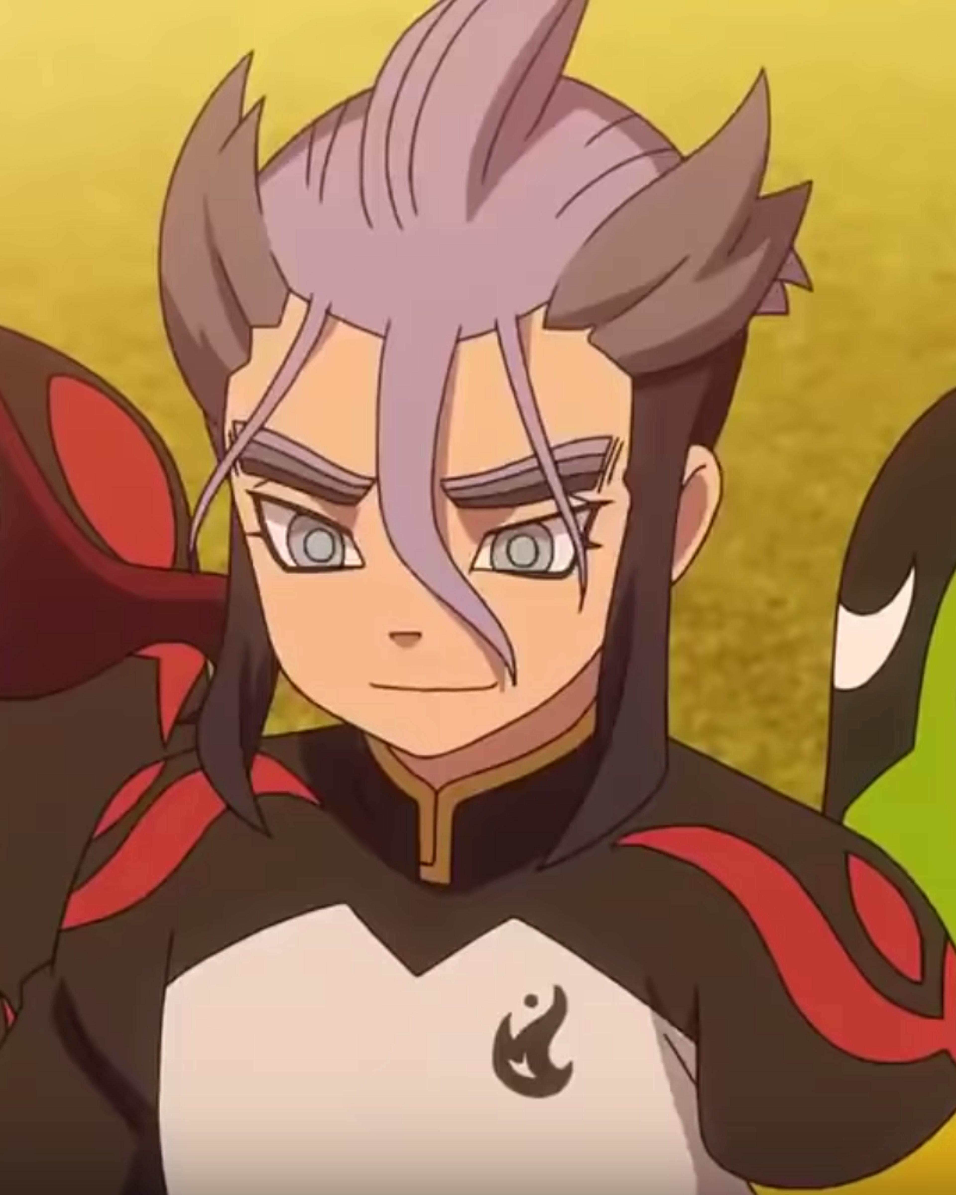 An anime-style character with pink hair wearing a black and red soccer uniform