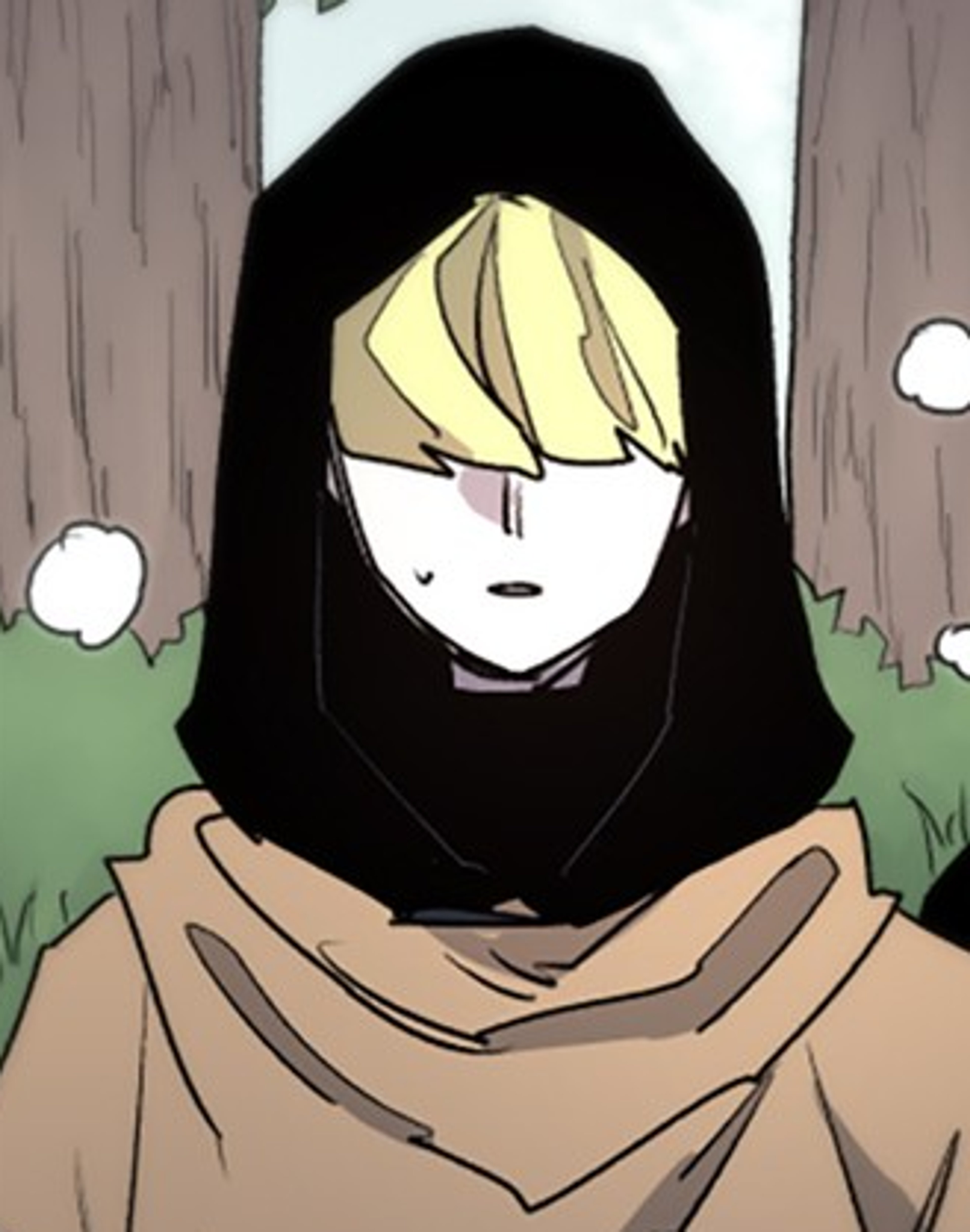 A young, hooded figure in a rural, forested setting.