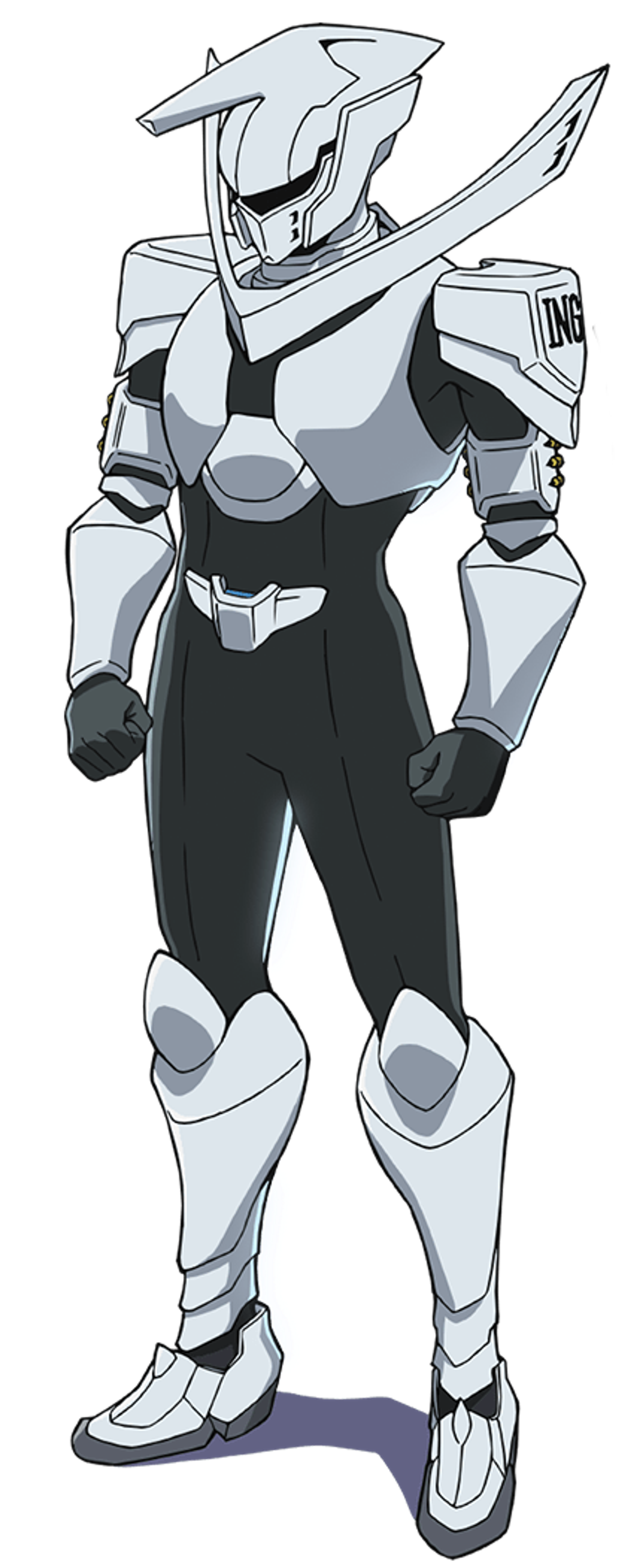 Illustration of a male character in a robotic-looking heroic suit