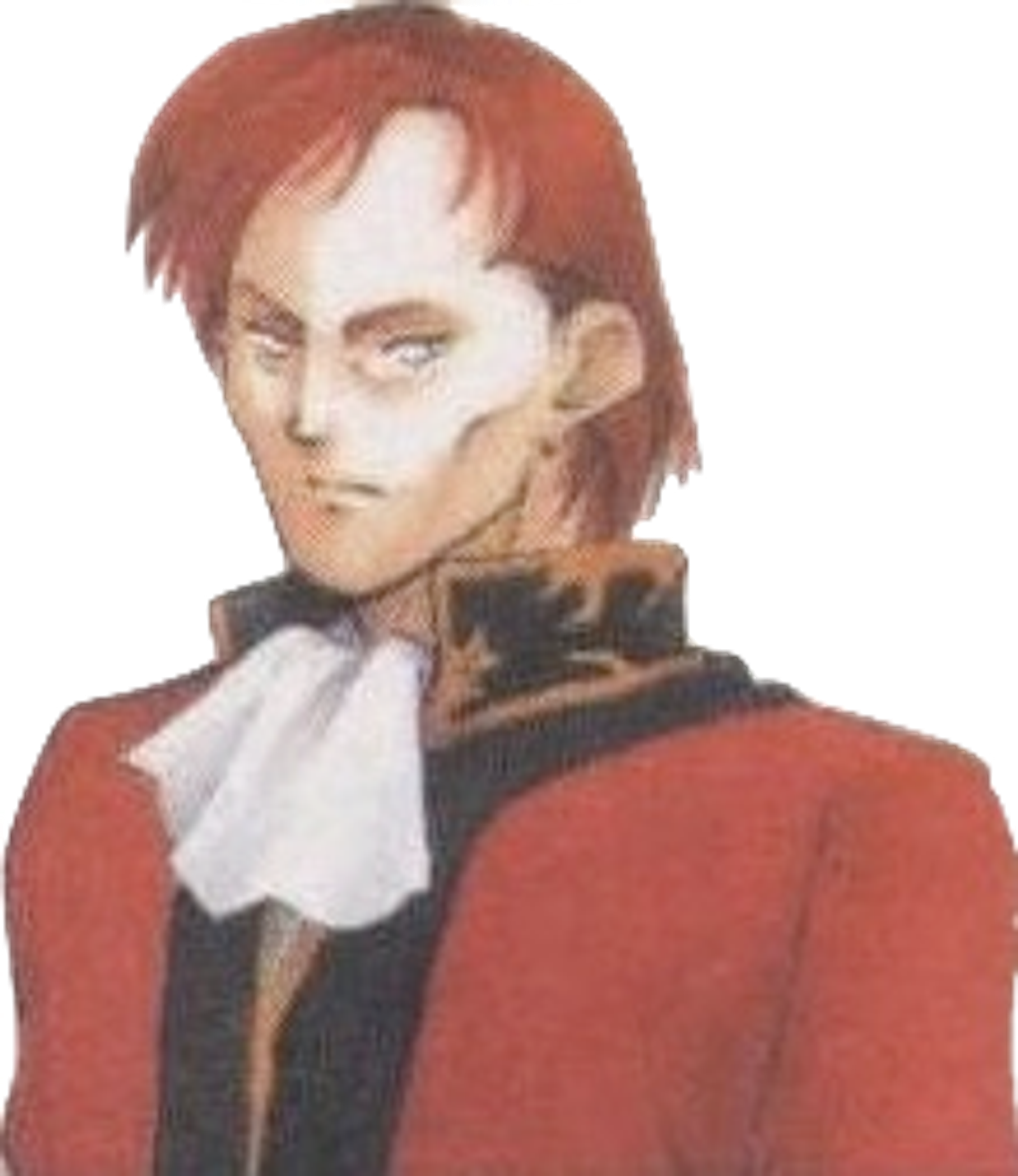 A serious-looking military commander with red hair wearing a red uniform