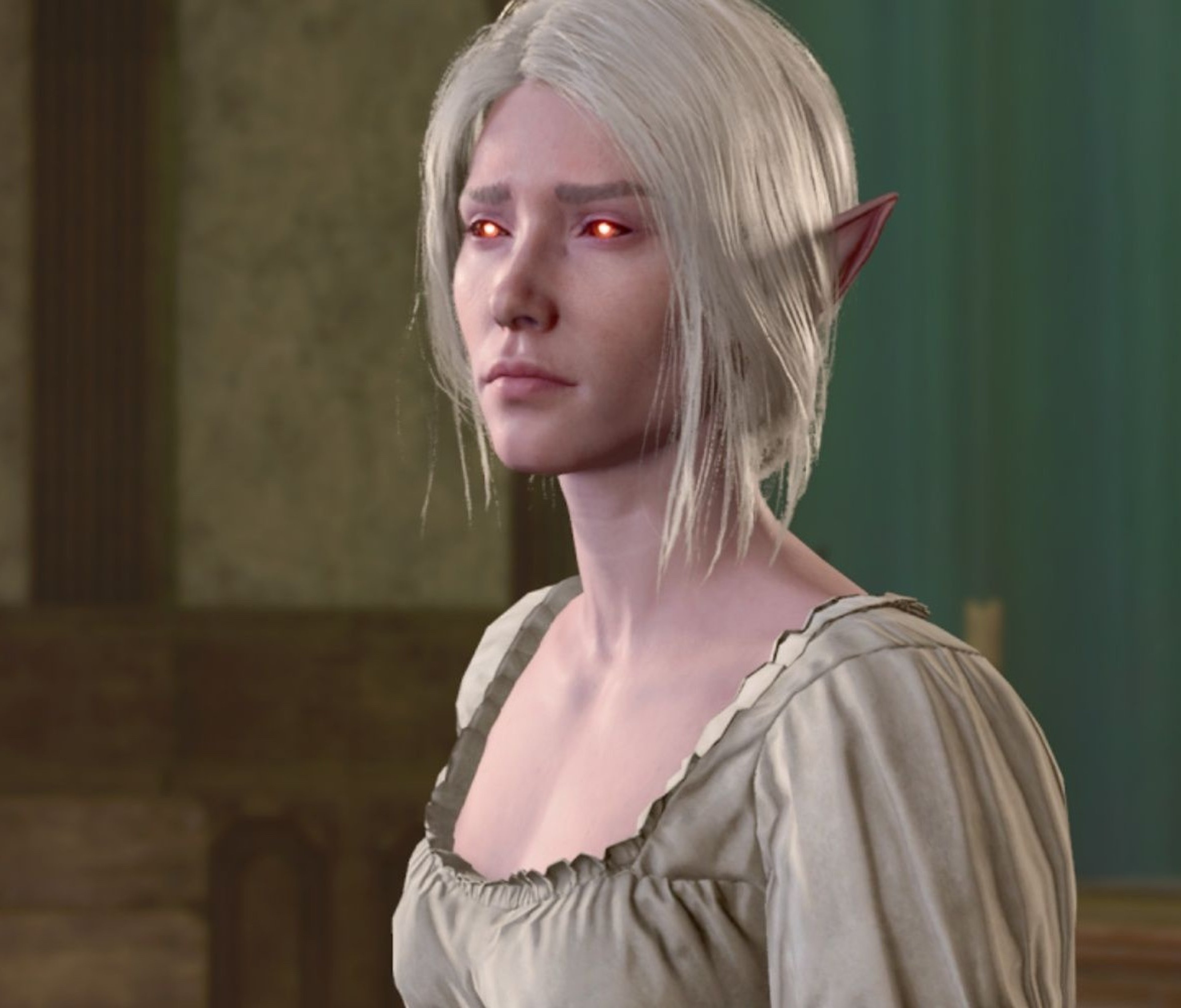 Pale elven vampire physician with silver hair and glowing eyes
