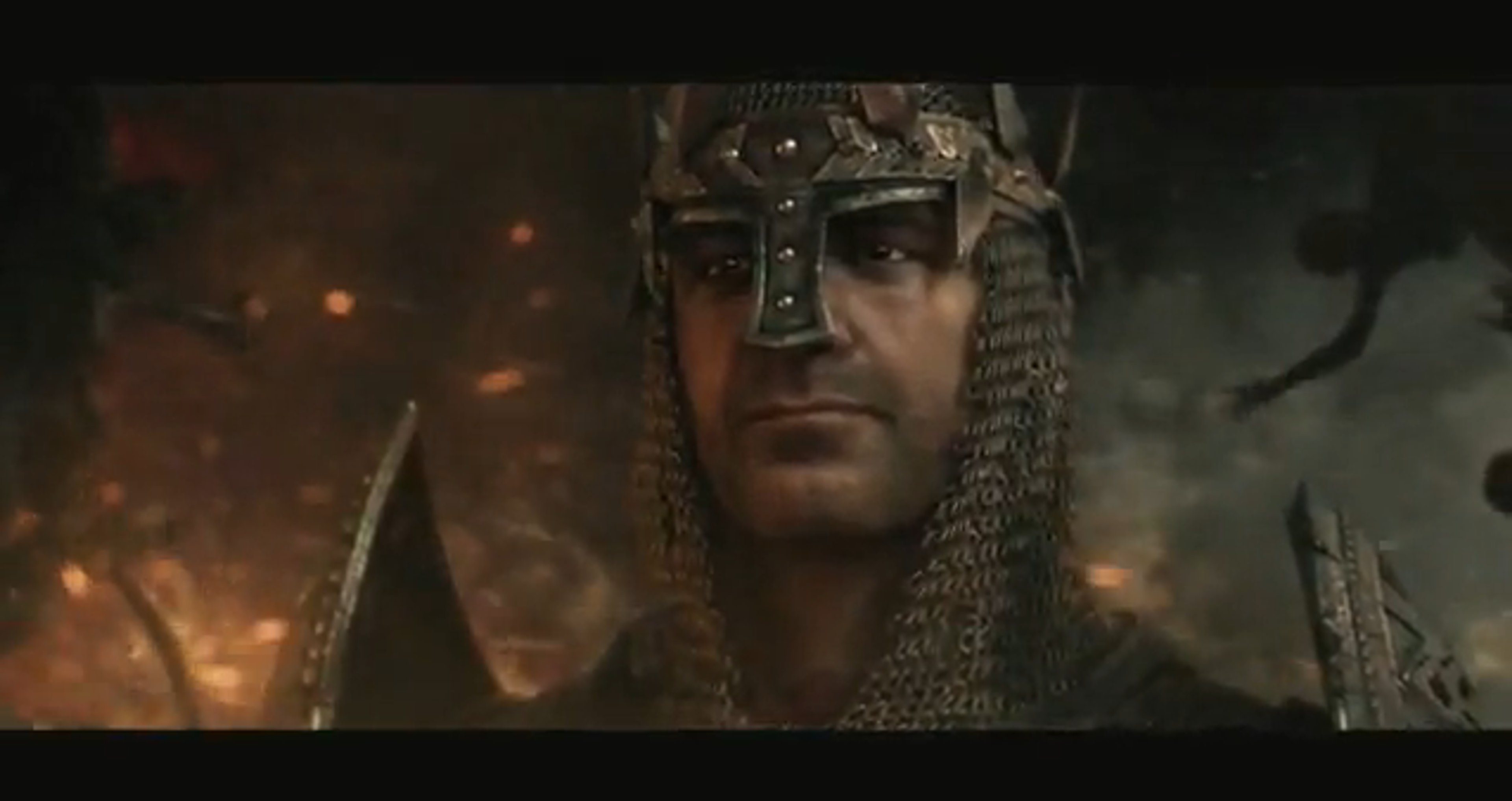 A heavily armored and battle-scarred man with a crown of thorns on his head, wearing distinctive chain mail armor and a crimson cross-shaped tapestry sewn into his chest.