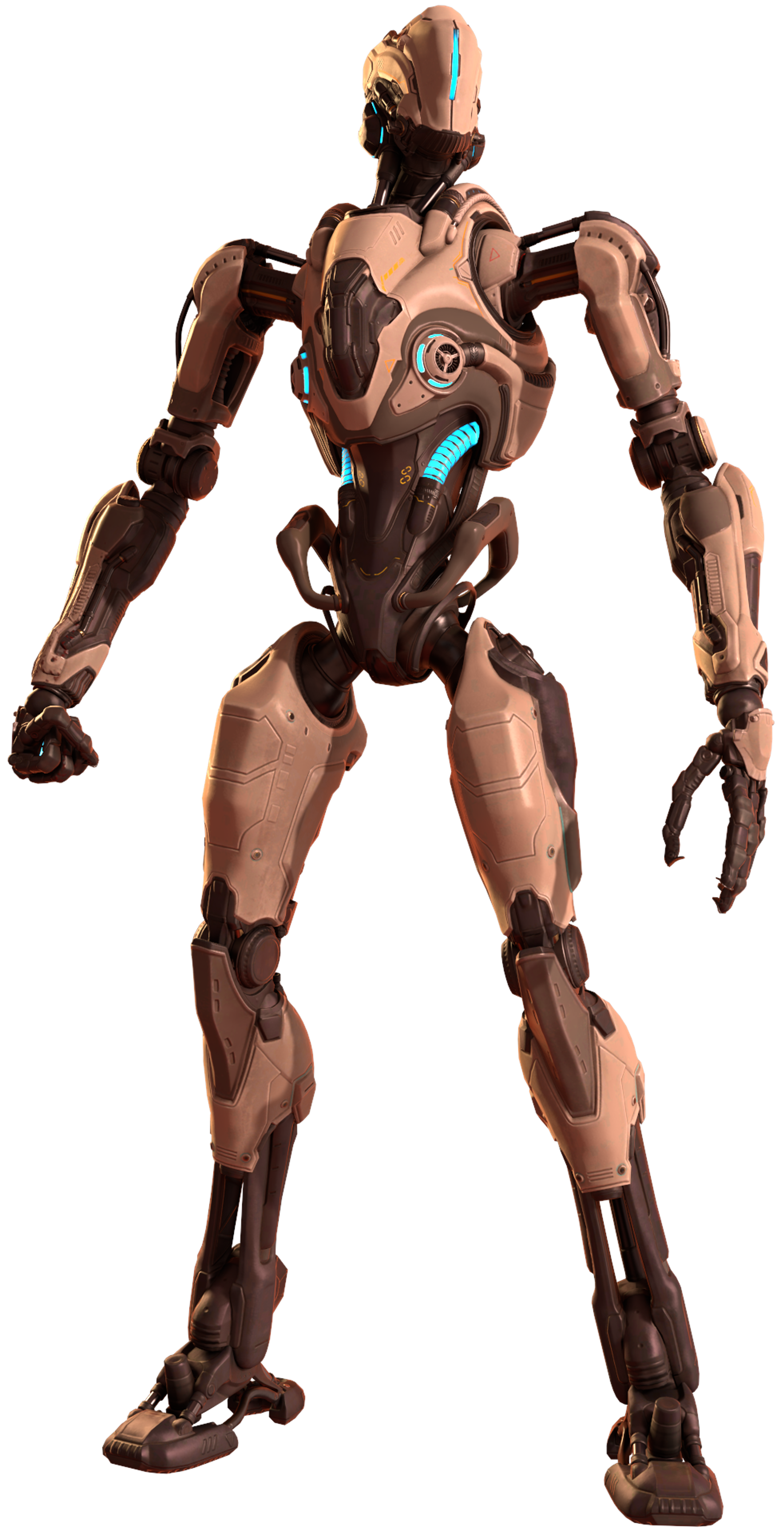 A large, robotic cyborg figure with a metallic, bronze-colored exoskeleton and glowing blue accents.