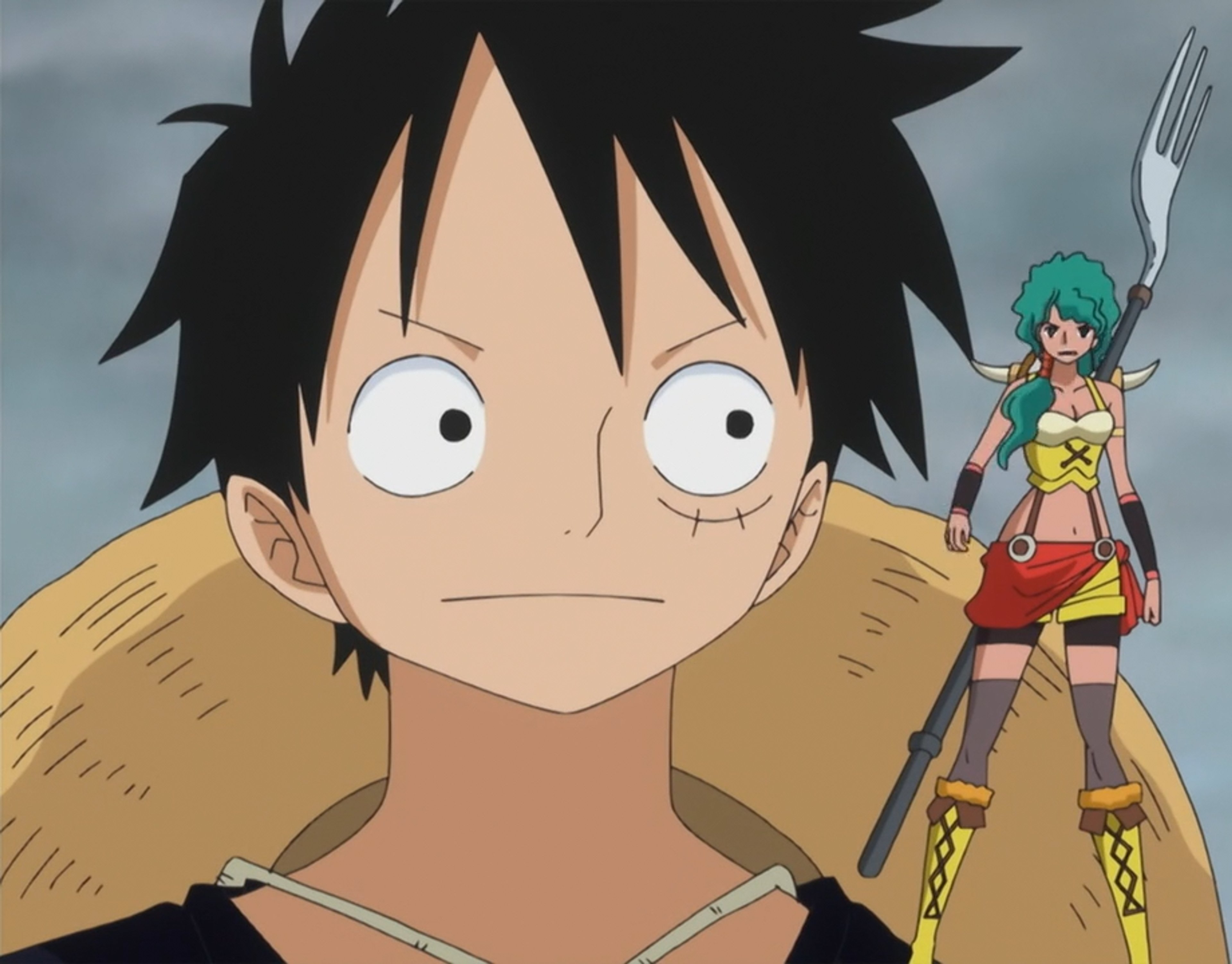 An anime-style character with a muscular build, tribal markings, and holding a large battle axe and shield.