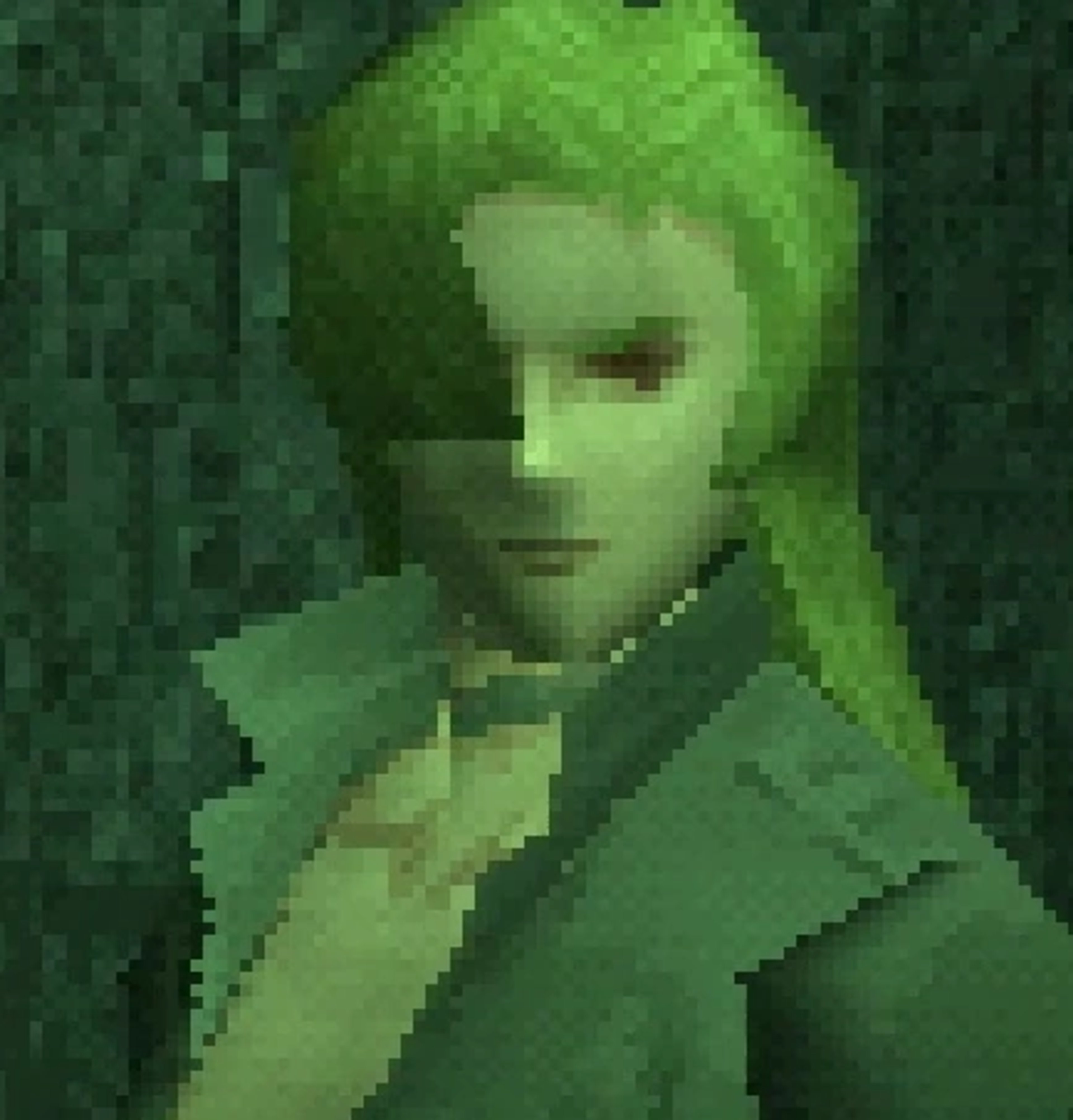 A female character with blonde hair and blue eyes wearing a green military uniform