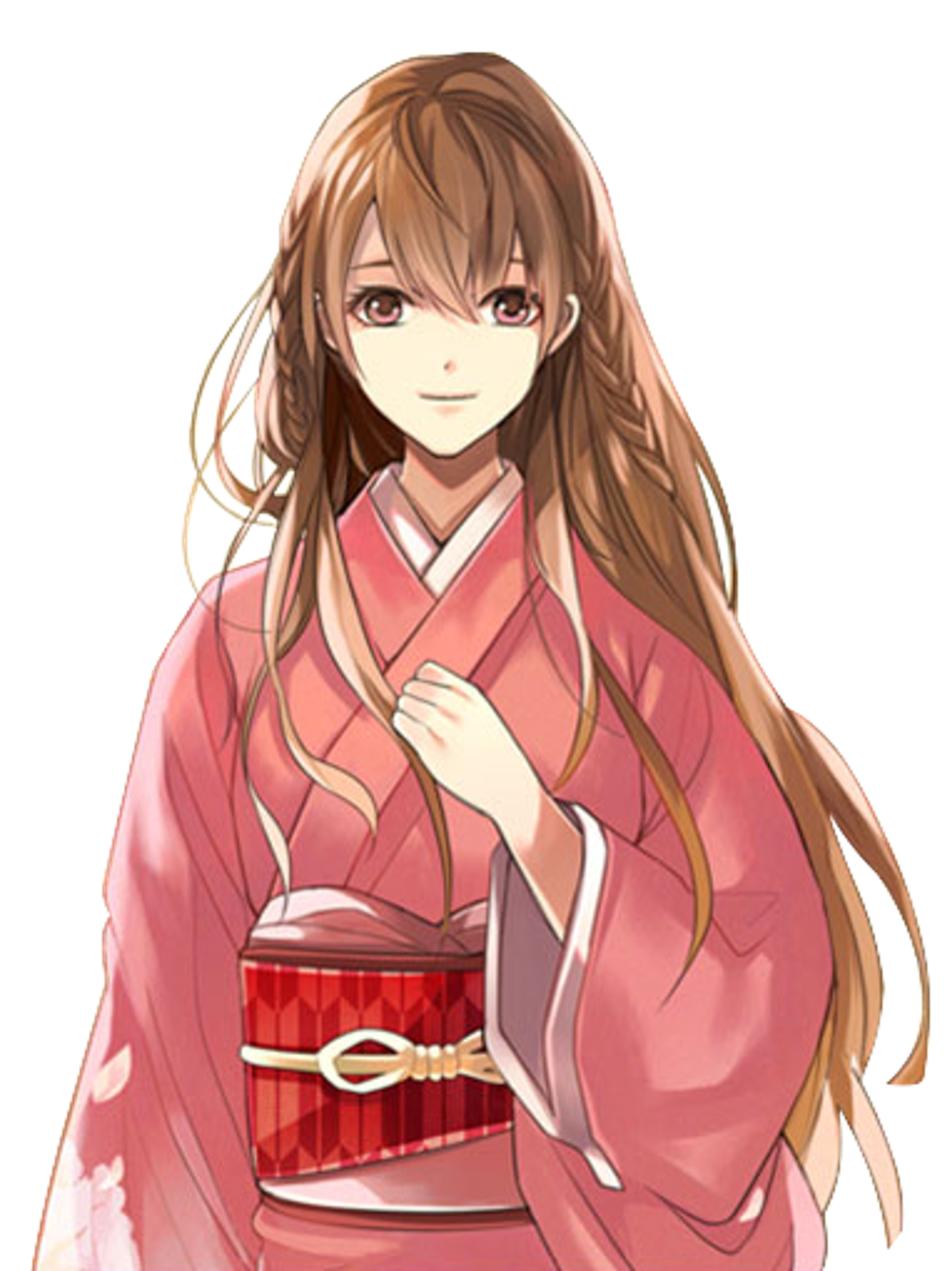 A young woman with long brown hair wearing a pink and red kimono-style outfit