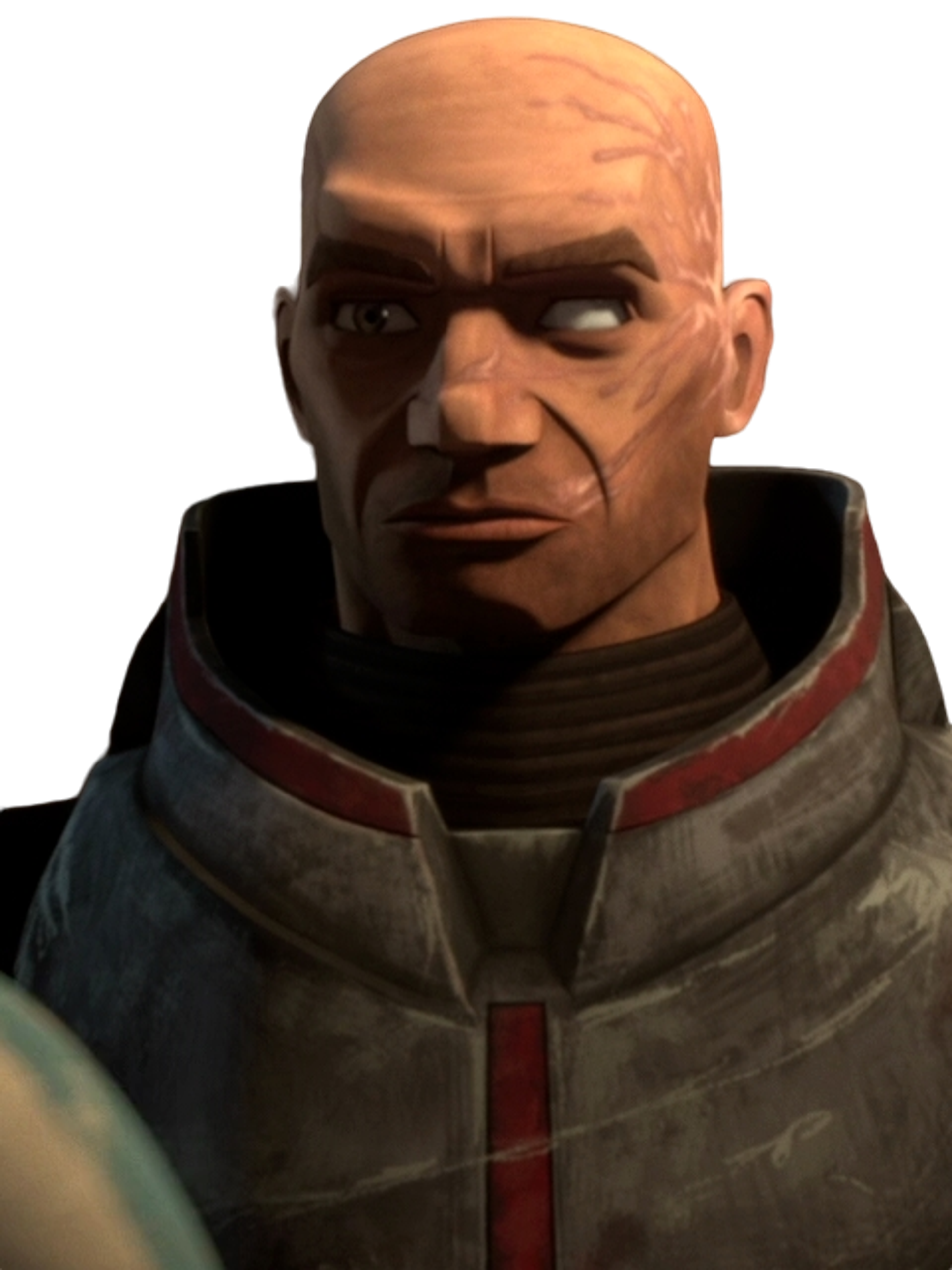 A large, muscular clone trooper in a military uniform with a rugged, intense appearance.