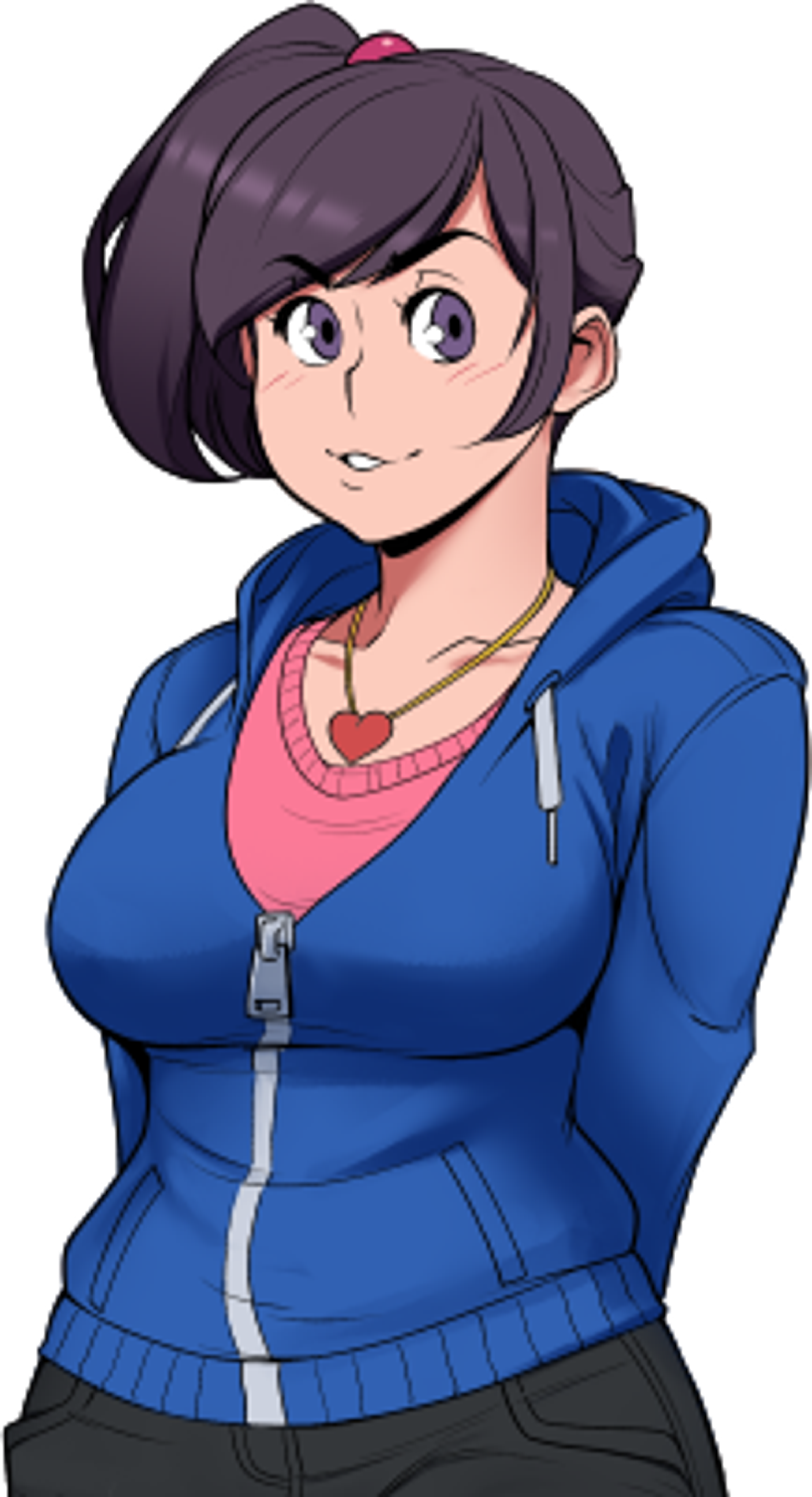 A young woman with dark hair wearing a blue hoodie and pink shirt, with a friendly expression.