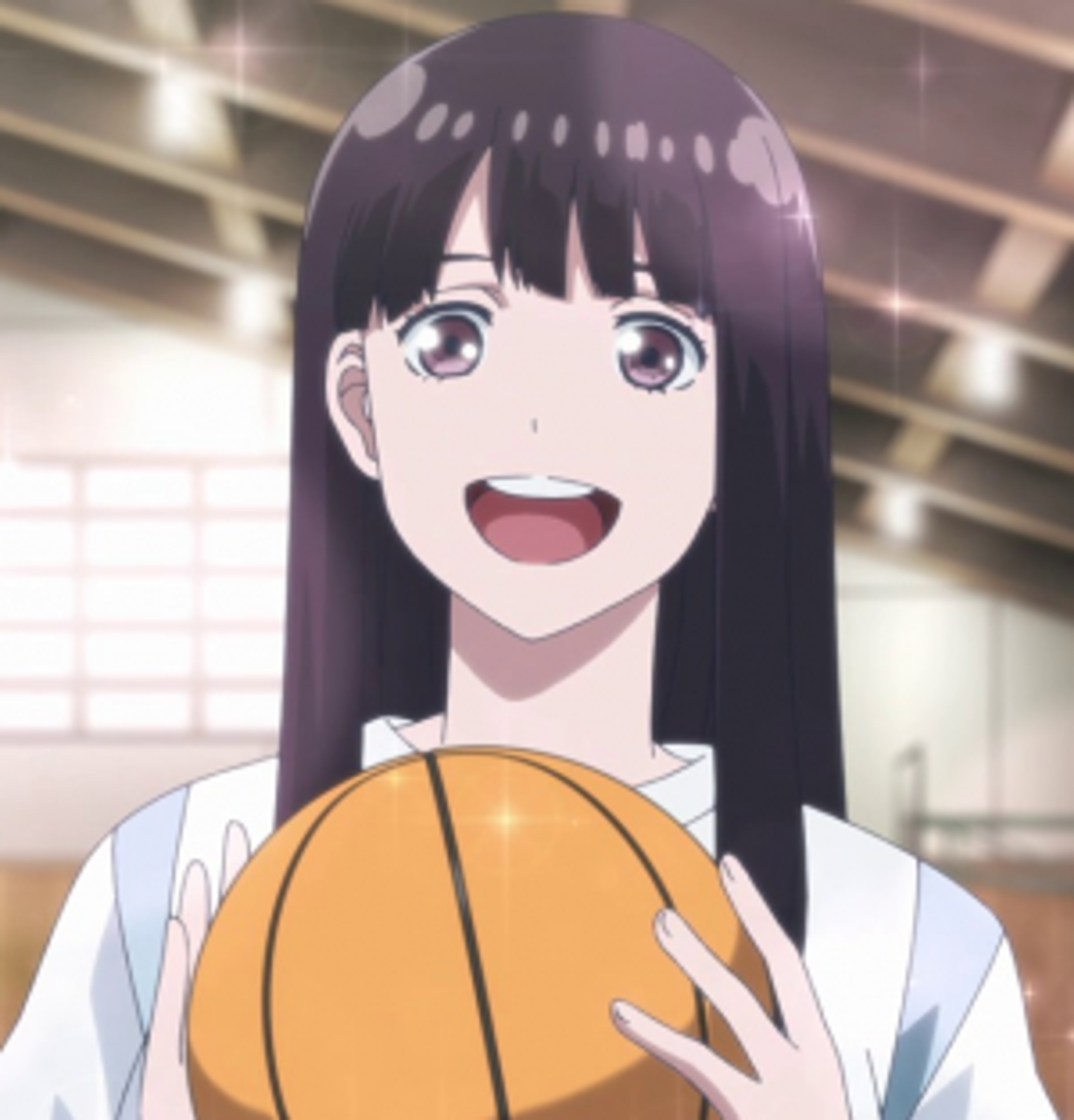 An anime-style illustration of a young woman holding a basketball and smiling