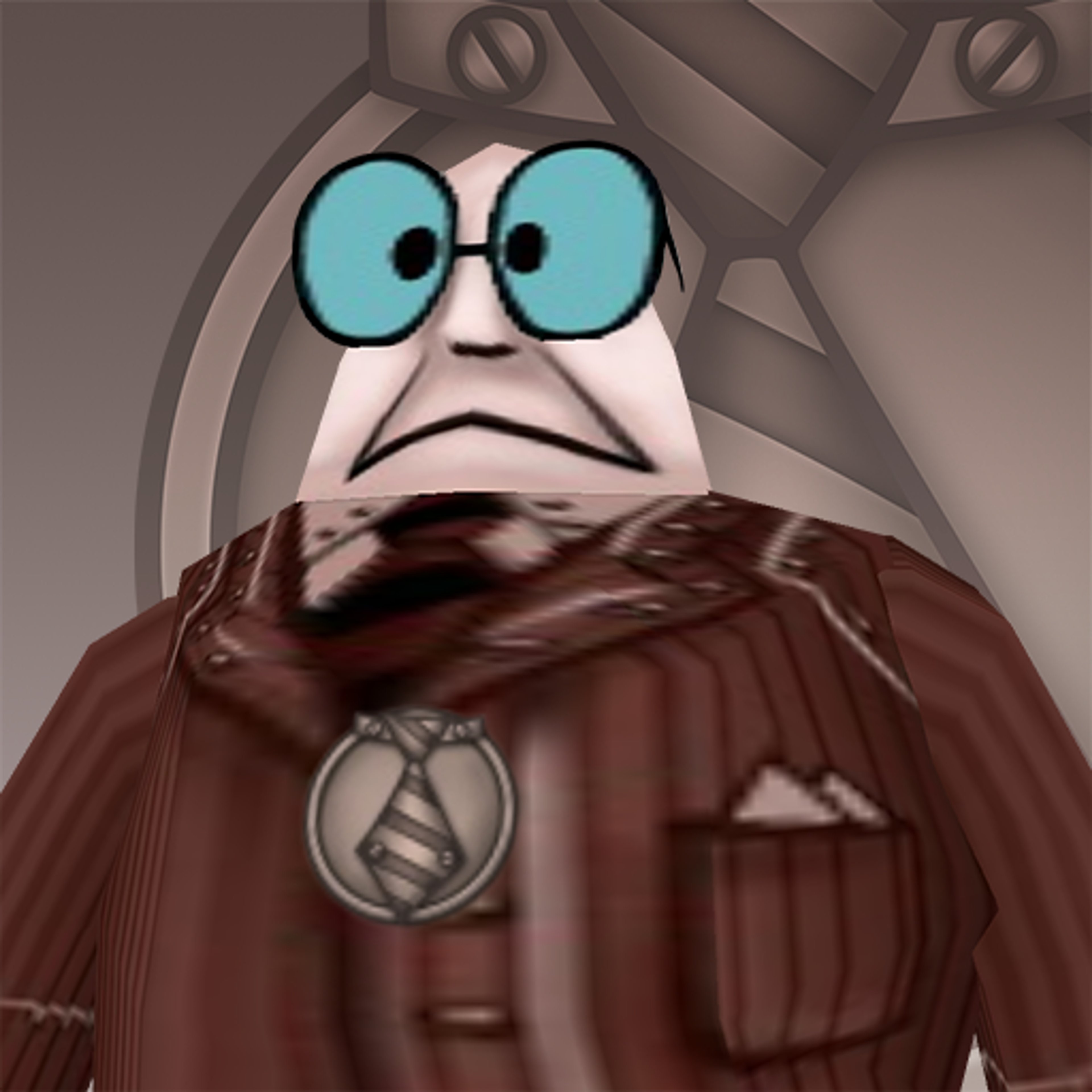 A cartoon character with a frowning expression, wearing a brown robe or coat and having a robotic or mechanical appearance.