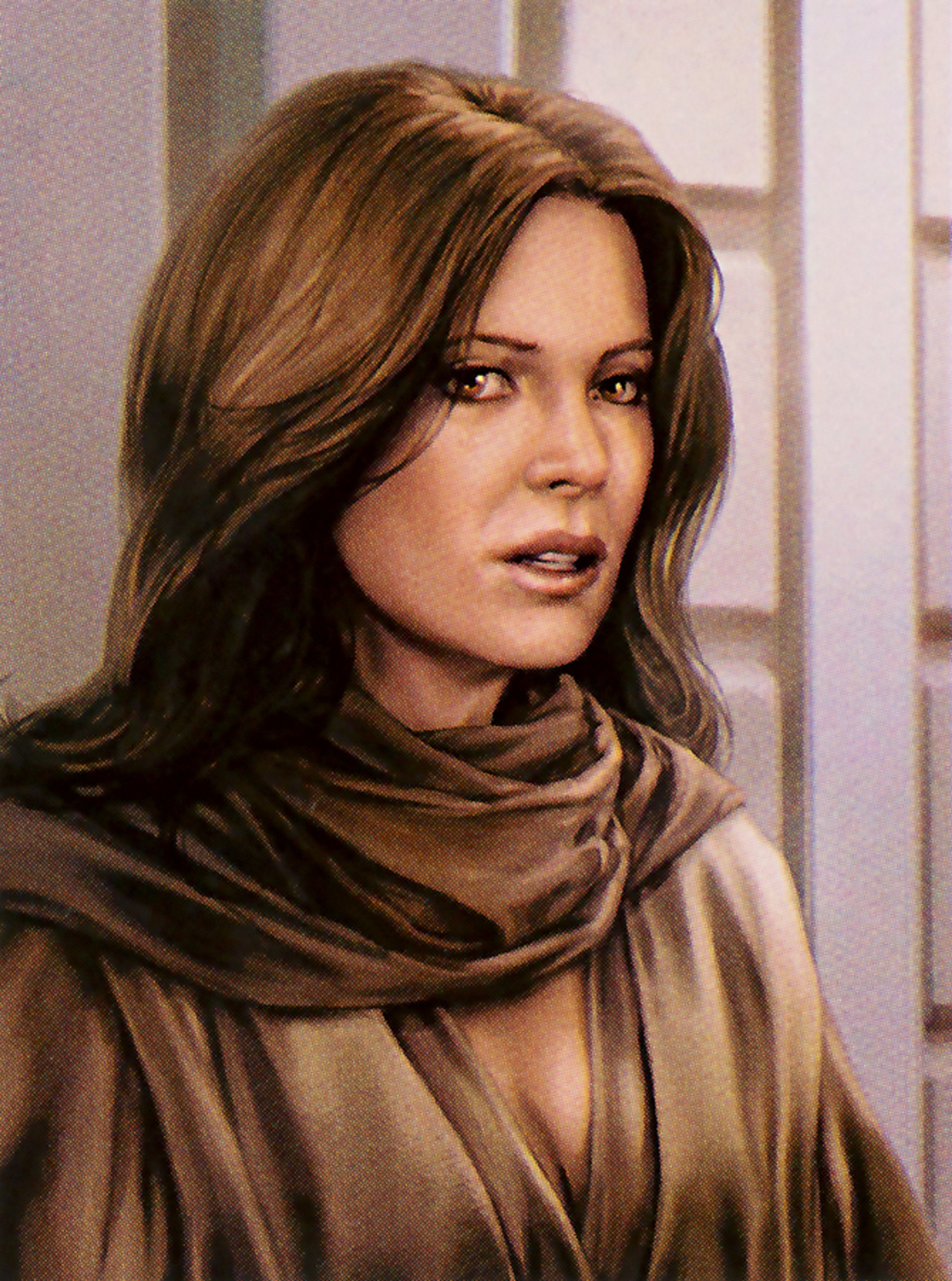 A woman with long dark hair wearing a tan scarf or shawl, with a serious expression on her face.