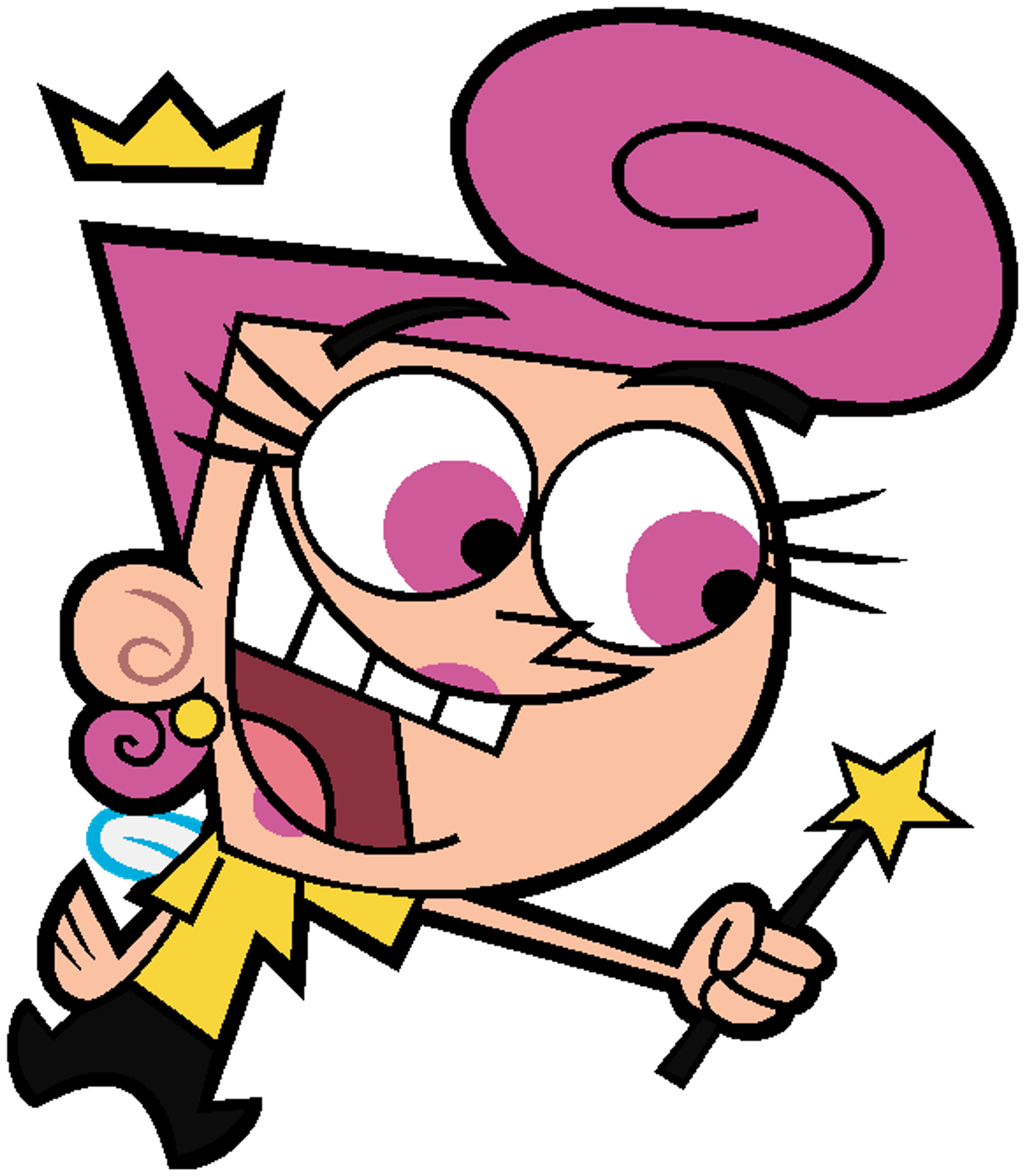 A cartoon fairy character with pink hair and a crown