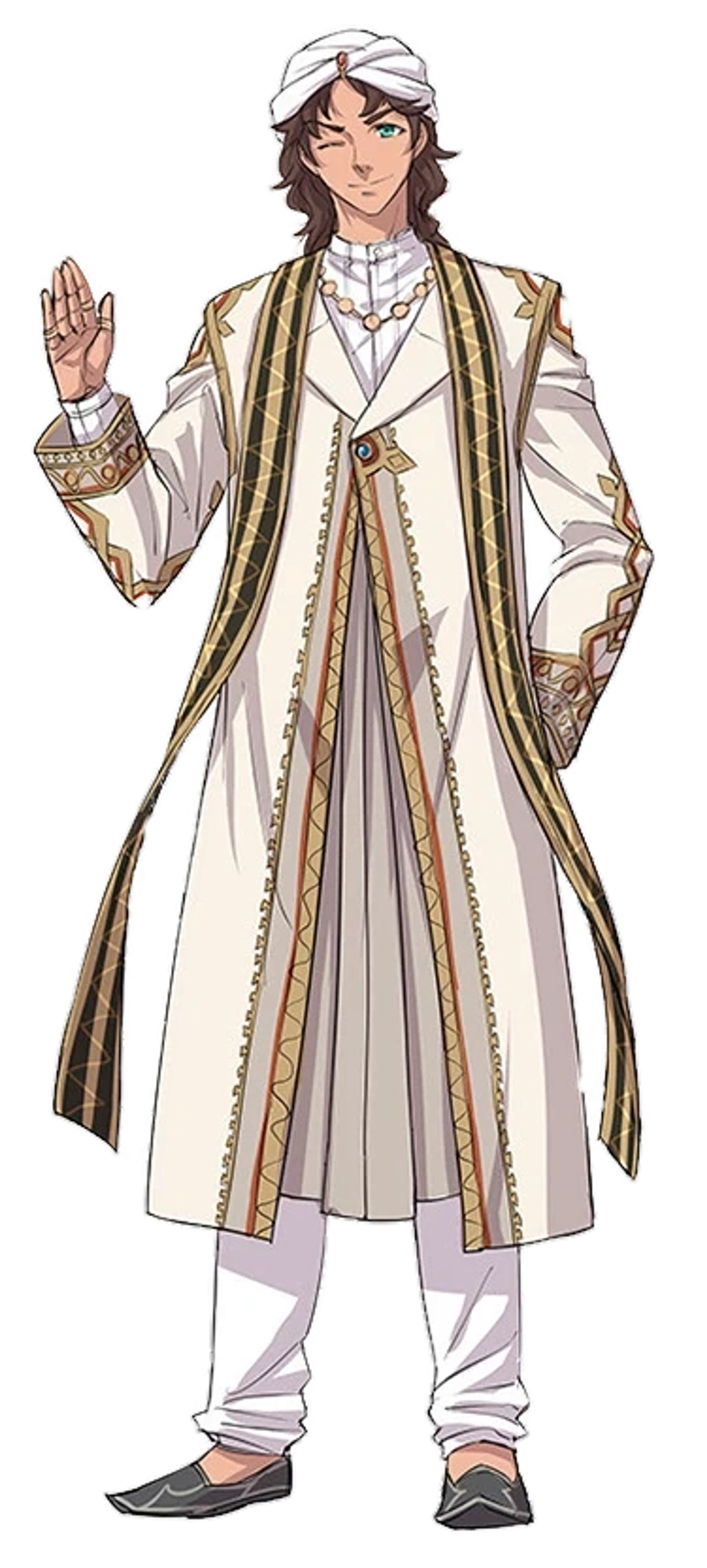 A young man in an ornate white and gold robe, with wavy dark brown hair and green eyes, has a somewhat rebellious expression on his face.