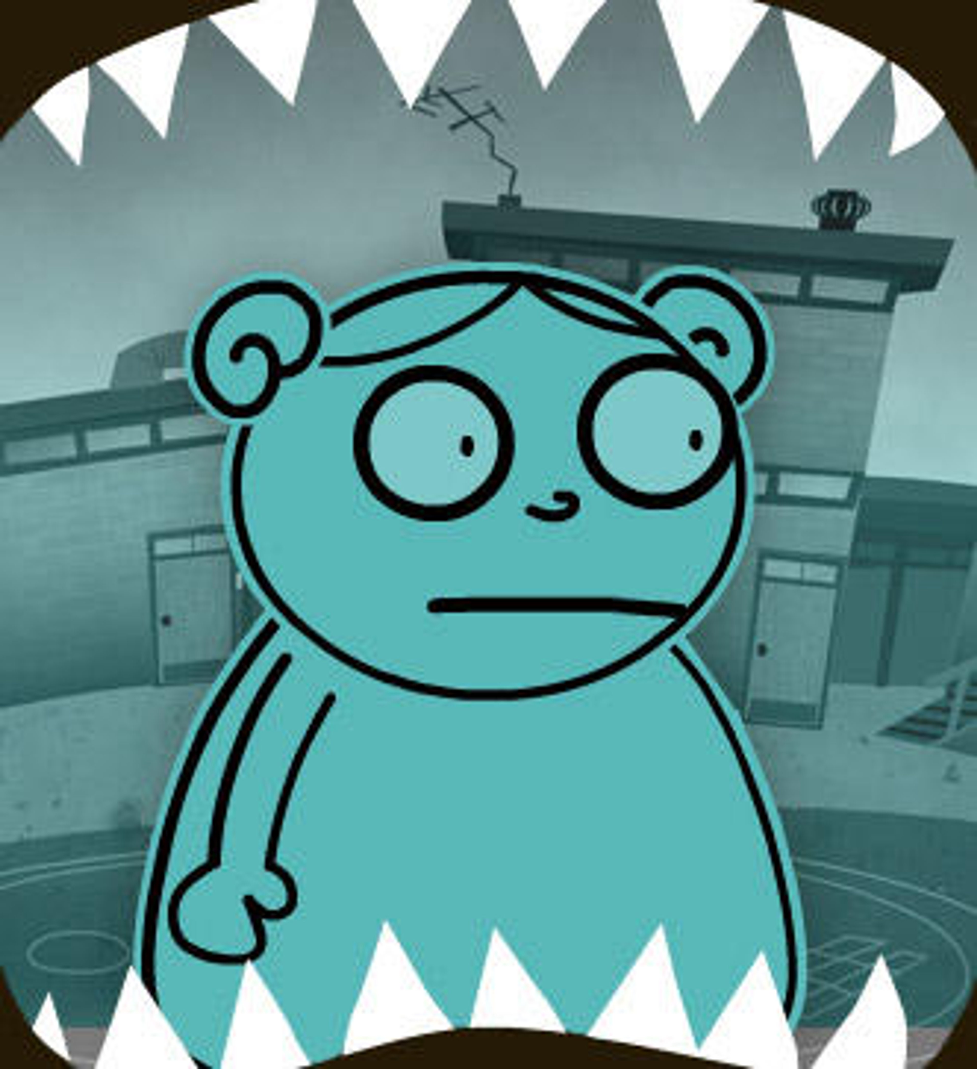 A cartoon character named Marion, a cyan-colored, obese schoolgirl with two bun hairstyles, in a gloomy setting.