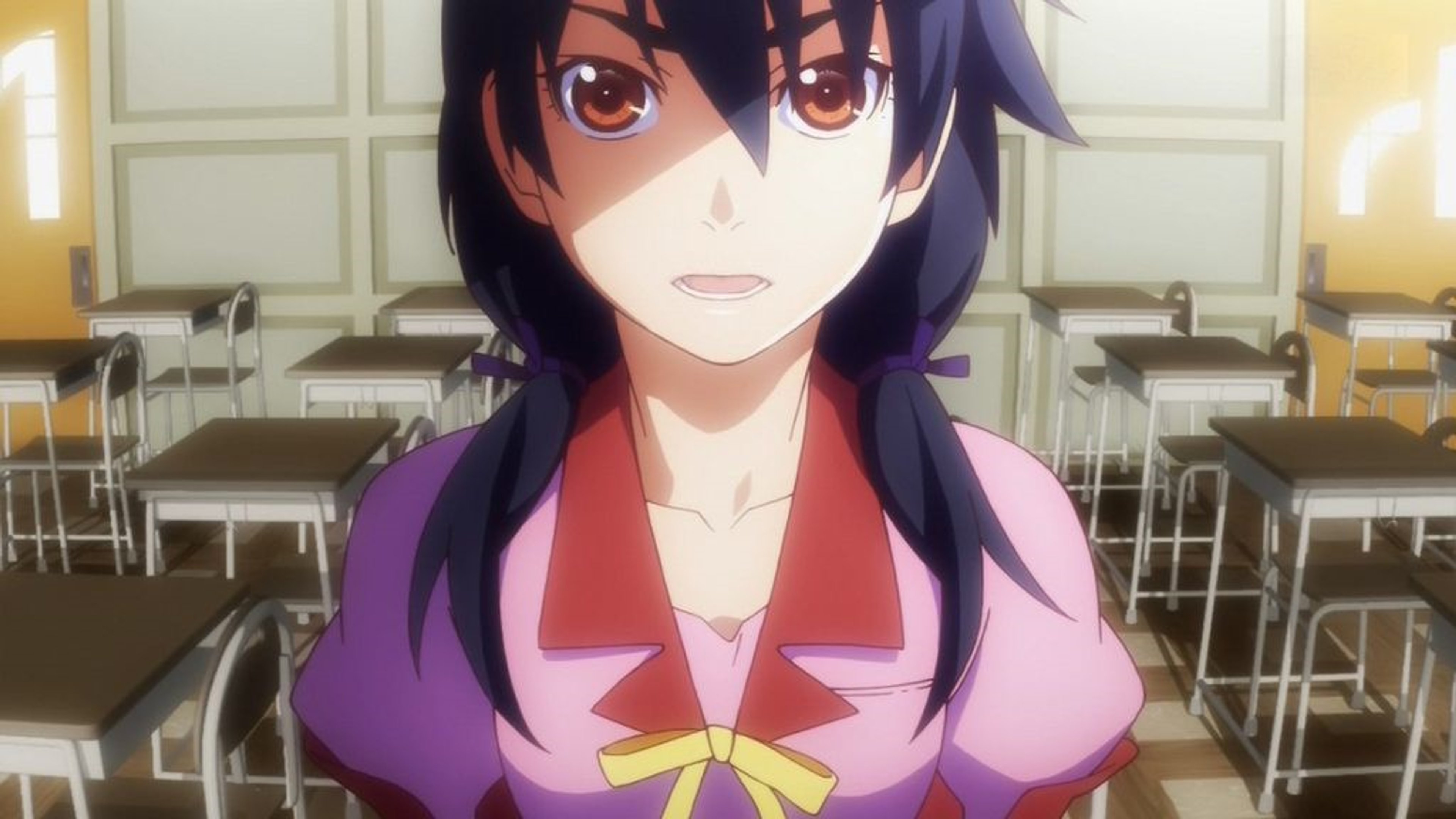 An anime-style character with long dark hair, wearing a pink and purple school uniform, with a bandaged left arm.