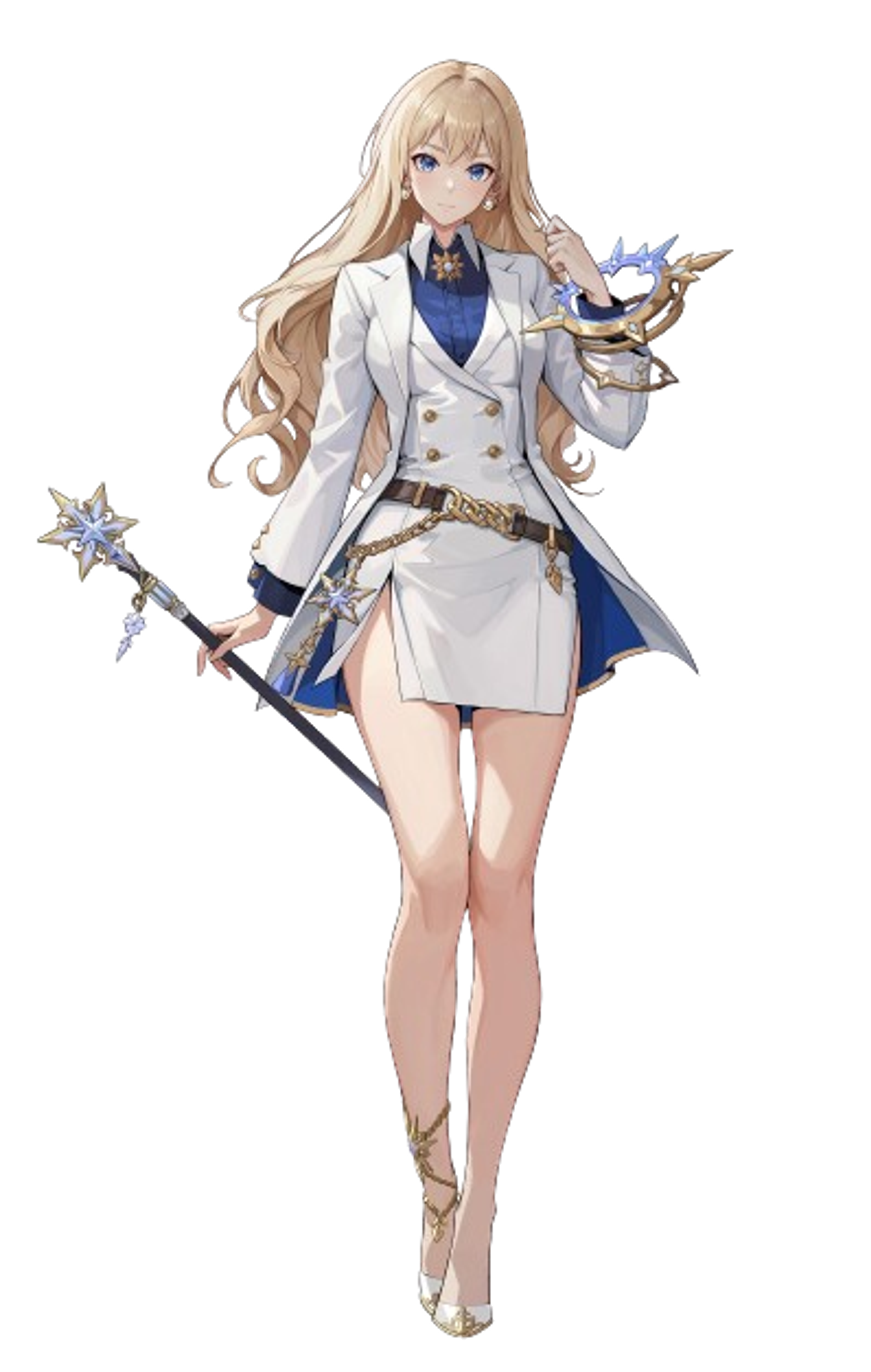 A young woman in a white military uniform wielding magical blue orbs