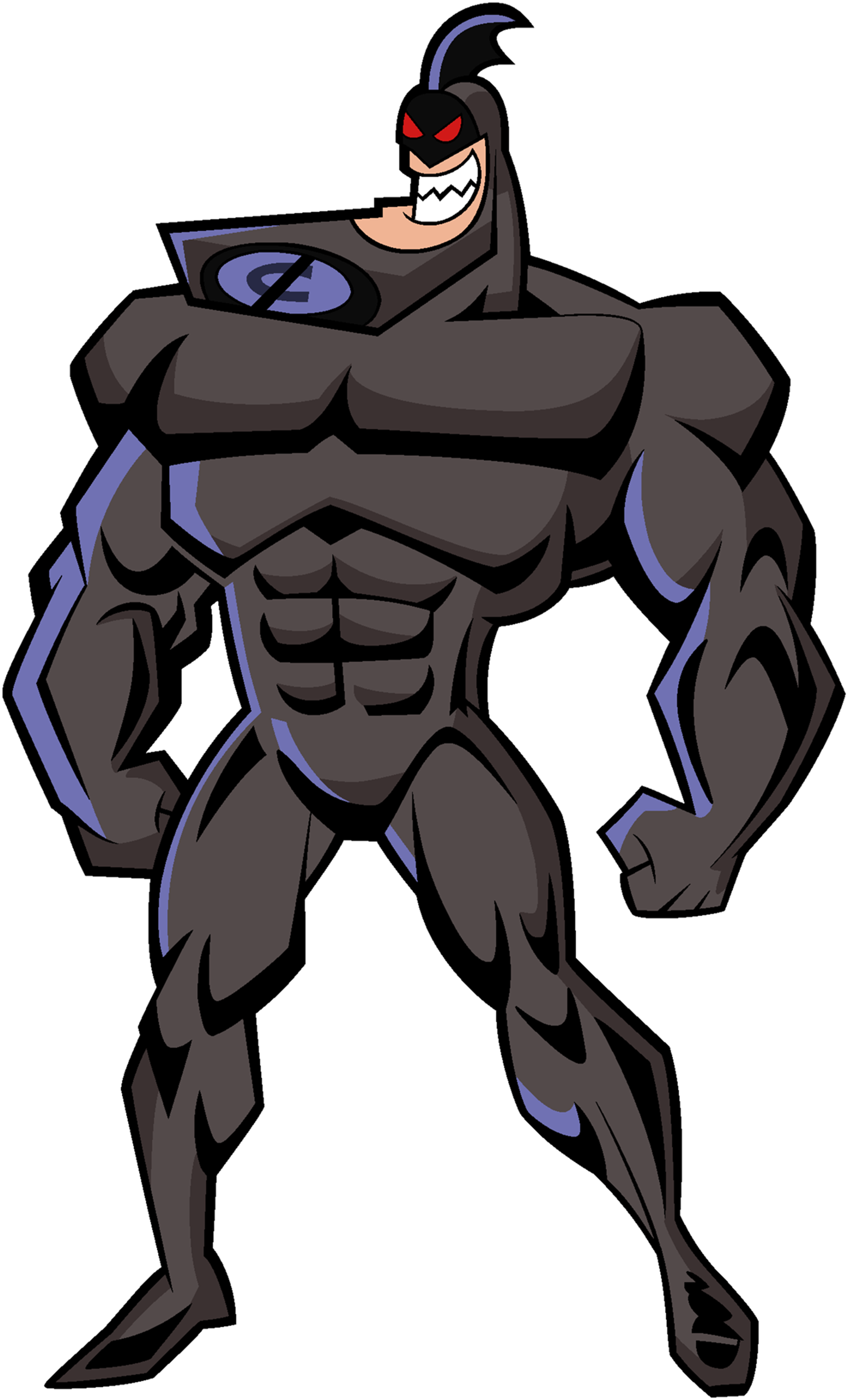 A muscular, gray-skinned supervillain character with sharp teeth, pointed spikes, and glowing red eyes, wearing a dark gray suit with an anti-Chin symbol.